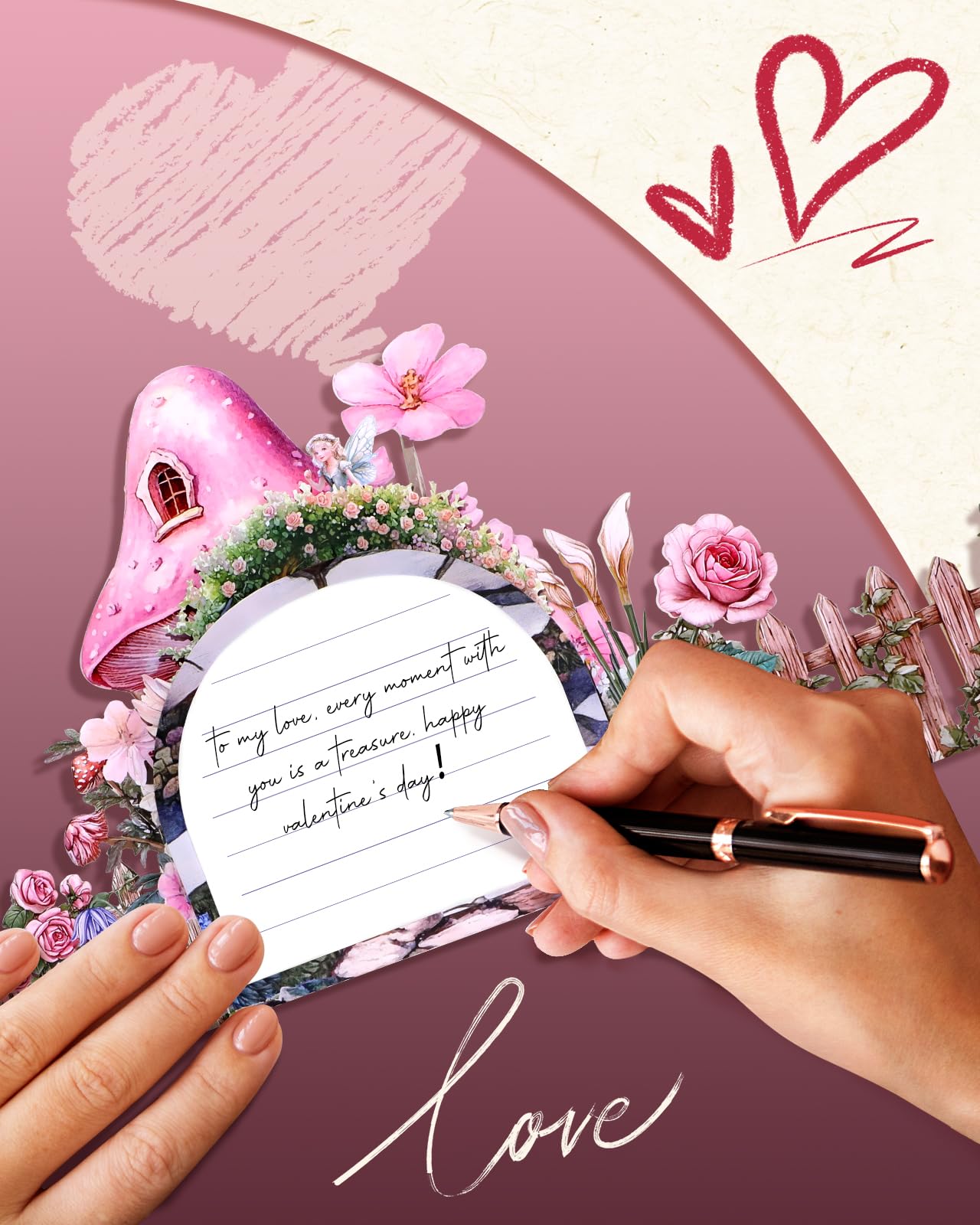 Tarjeta desplegable para el día de San Valentín, diseño de casa de hongos y unicornio de hadas, tarjetas de San Valentín 3D con sobres, tarjeta de felicitación romántica para él, su marido,