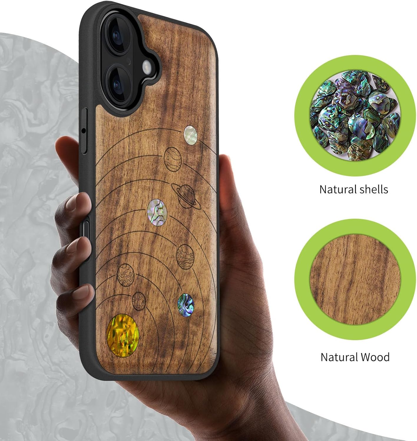 Carveit Magnetic Wooden Case for iPhone 17 Case, Wood Artisan Engraved & Handmade Shell Inlaid, TPU Shockproof Cover, Compatible with MagSafe Wireless Chargers (Solar System-Walnut)