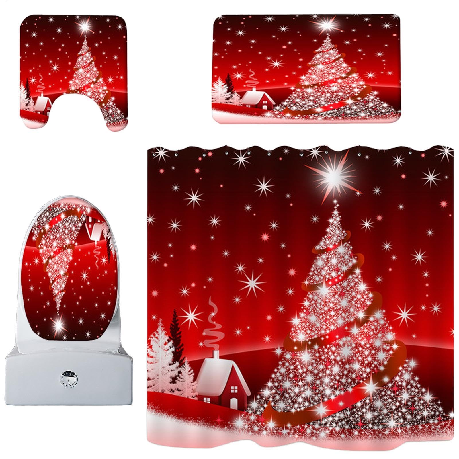 Rideaux de douche motif sapin de Noël imperméables avec housses de toilette et tapis de bain
