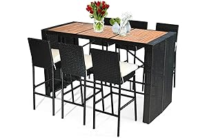 Tangkula 7 PCS Outdoor Wicker Furniture Set with Acacia Wood Bar Table Top