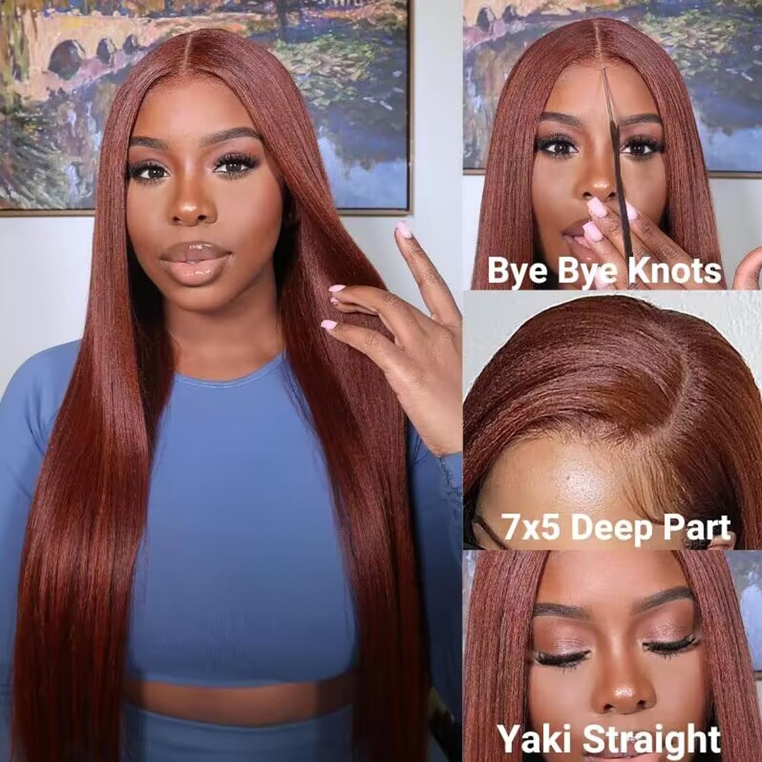 UNICE Bye Bye Knots Glueless Wig Reddish Brown Yaki Straight 7x5 Pre Cut Lace Glueless Wigs Human Hair Pre Plucked Pre Bleached Invisible Knots Human Hair Wig 20 inch - Image 3