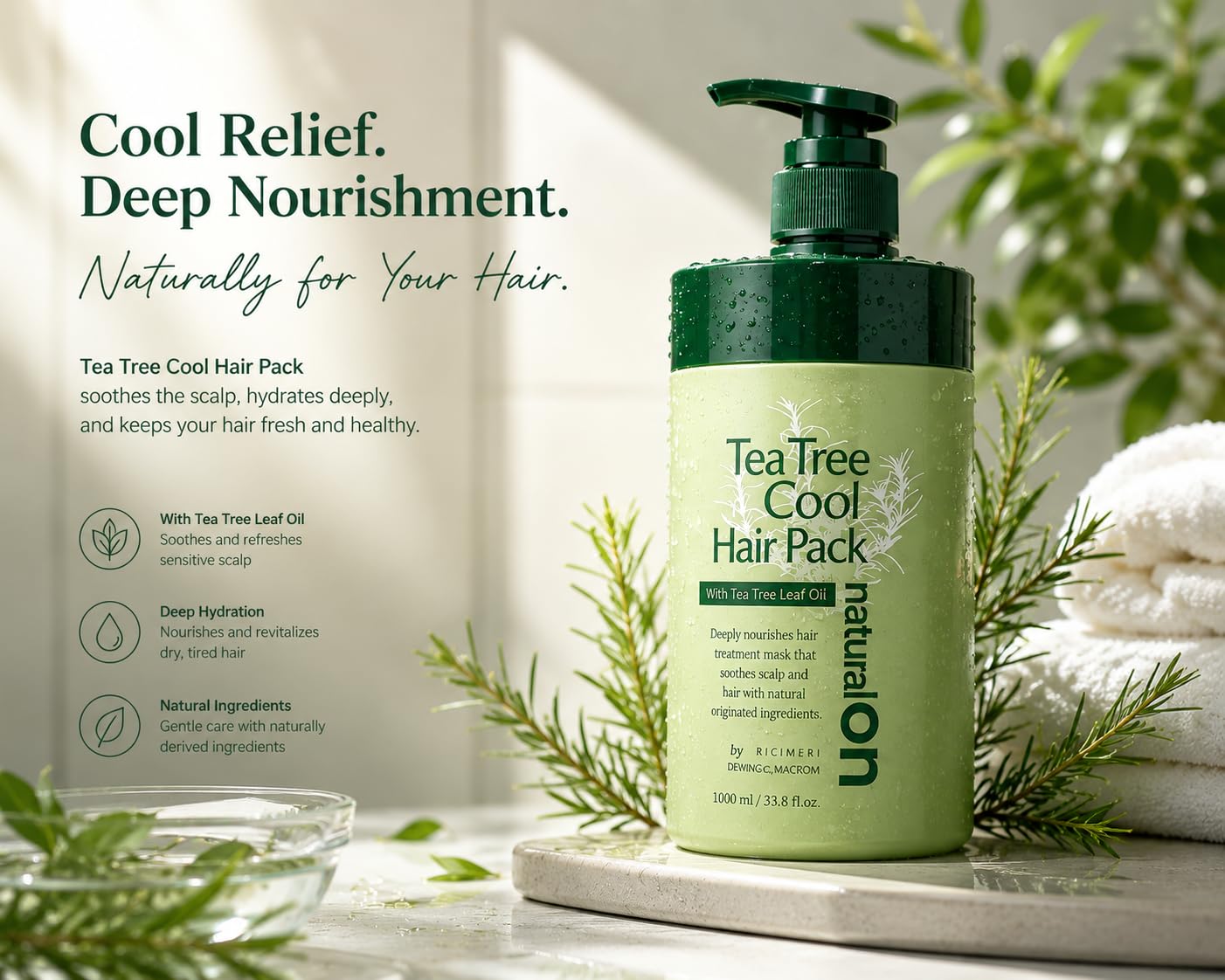 Daeng Gi Meo Ri - Tea Tree Cool Hair Pack, Scalp and Hair Nutrtion Care with Tea tree Oil, Freshness to Oily Scalp, Moisture to Dry Hair, 1000ml