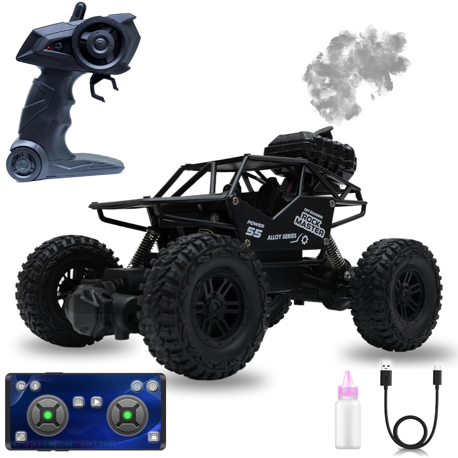 Niku Remote Control Car with Smoke | Monster Truck Rock Crawler Toy for Kids Boys Girls | 2.4 GHz Remote + Android App Control | Long Range | 150+ Feet Range | C-Type Charging | (Black)-image-34