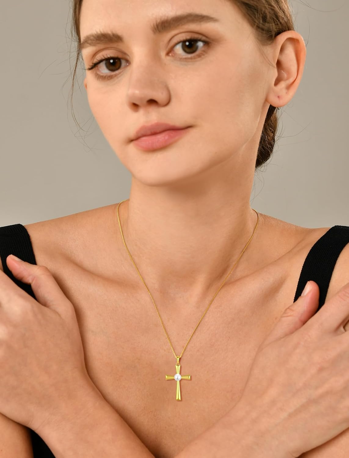YL Cross Necklace 925 Sterling Silver Halo Freshwater Pearls Pendant Polished Religious Jewelry for Women - Image 3