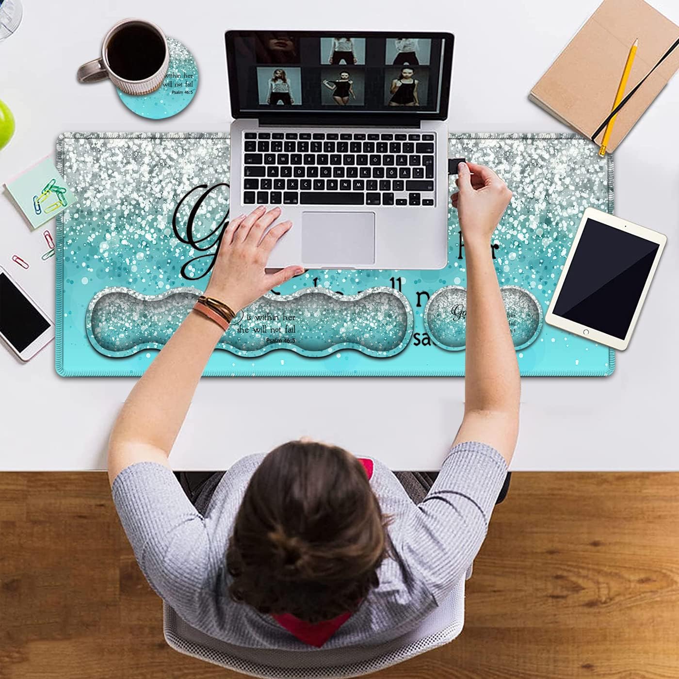 Large Gaming Mouse Pad,Extended Office Desk Mat,Waterproof Desk Writing Pad for Office/Home Ergonomic Mouse &Keyboard Wrist Rest,Psalm 46:5 Pattern Laptop Desk Pad Blue Mousepad Wrist Support