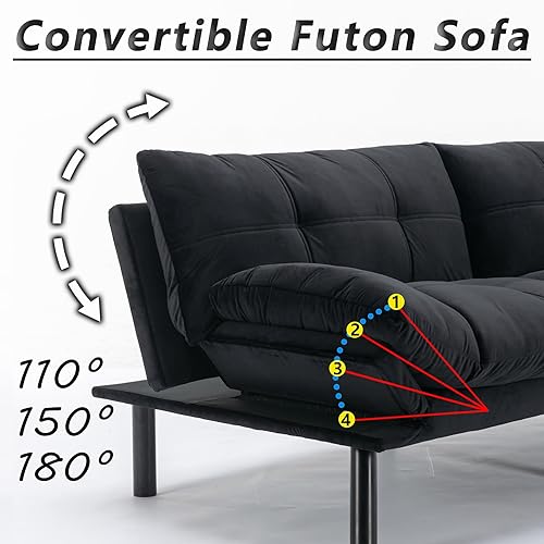 Miniatura 6 de Sofá cama tipo futón de terciopelo moderno de 70 pulgadas, sofá cama convertible con respaldos ajustables y reposabrazos plegables para sala de