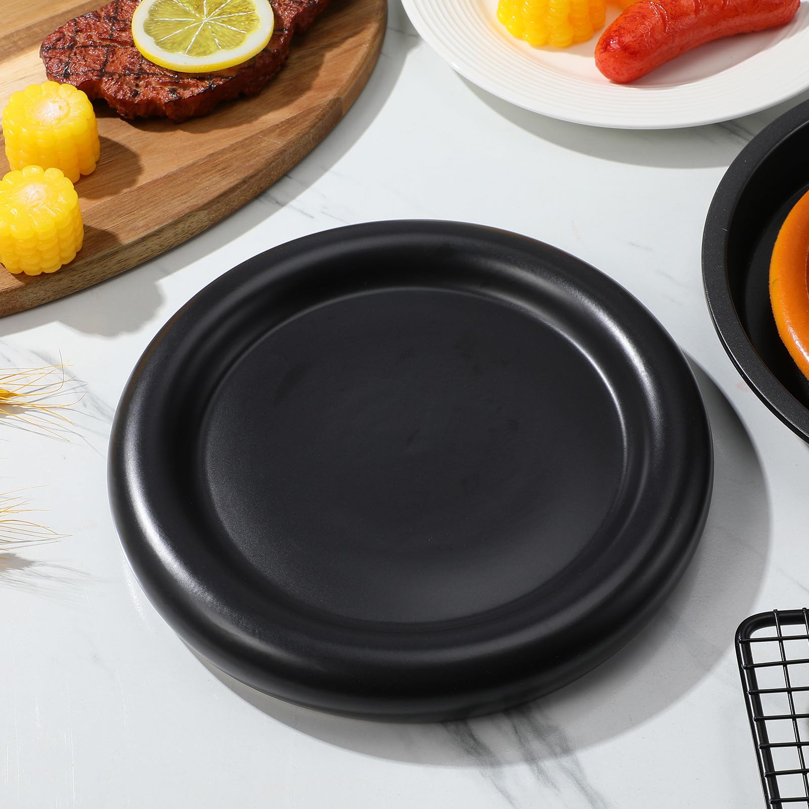 HEMOTON Piatto da Insalata Multiuso e Facile da Pulire Nero Bordo Rialzato in Ceramica per Pranzi Eleganti e Riunioni in Famiglia