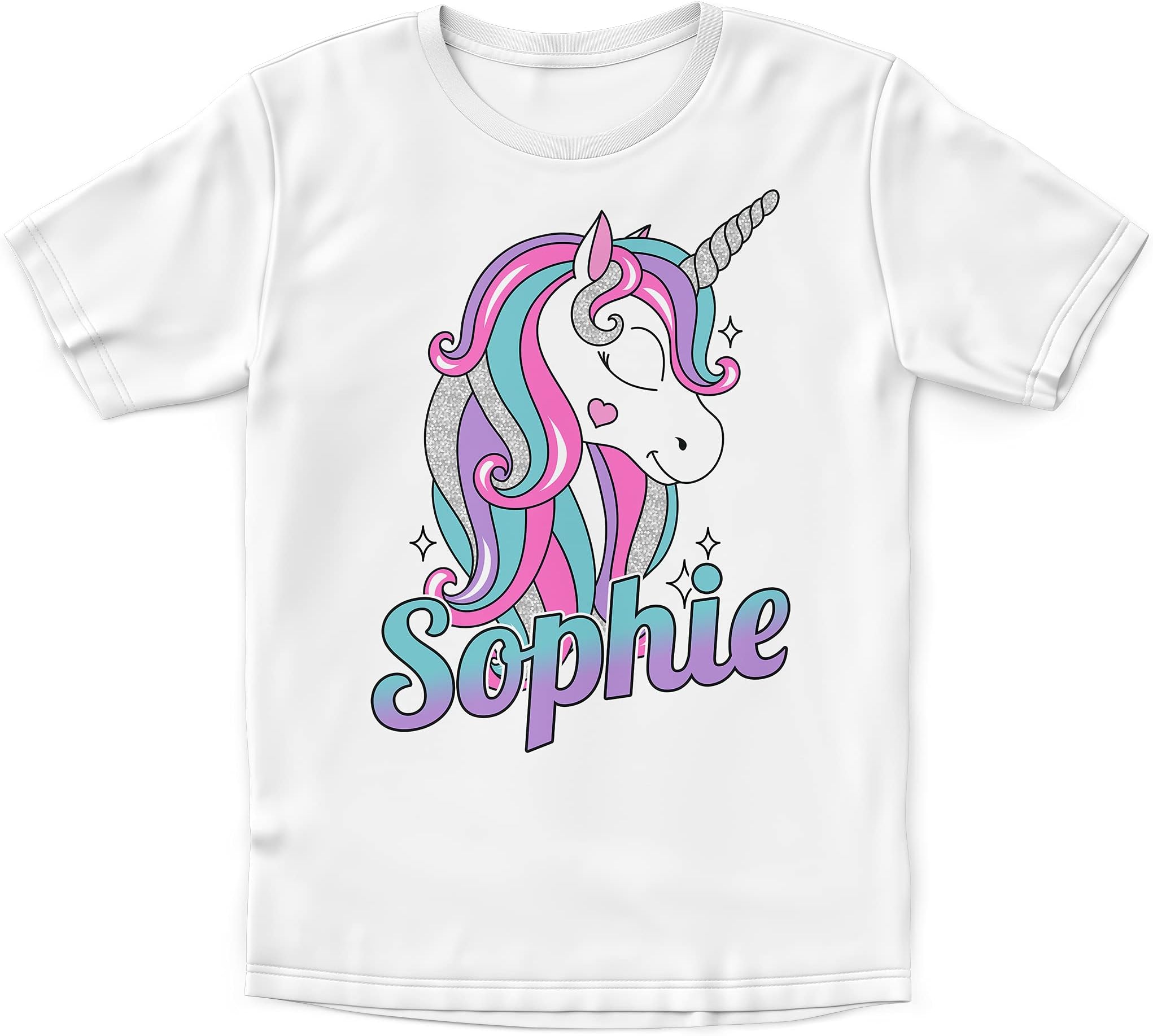 Purple Print HousePurple Print House Girls Cute Glitter Unicorn Custom Name T Shirt - Personalised Birthday Cartoon Unicorn Gifts for Daughter - Custom and Unique Bday Present, 3-4 Years, White