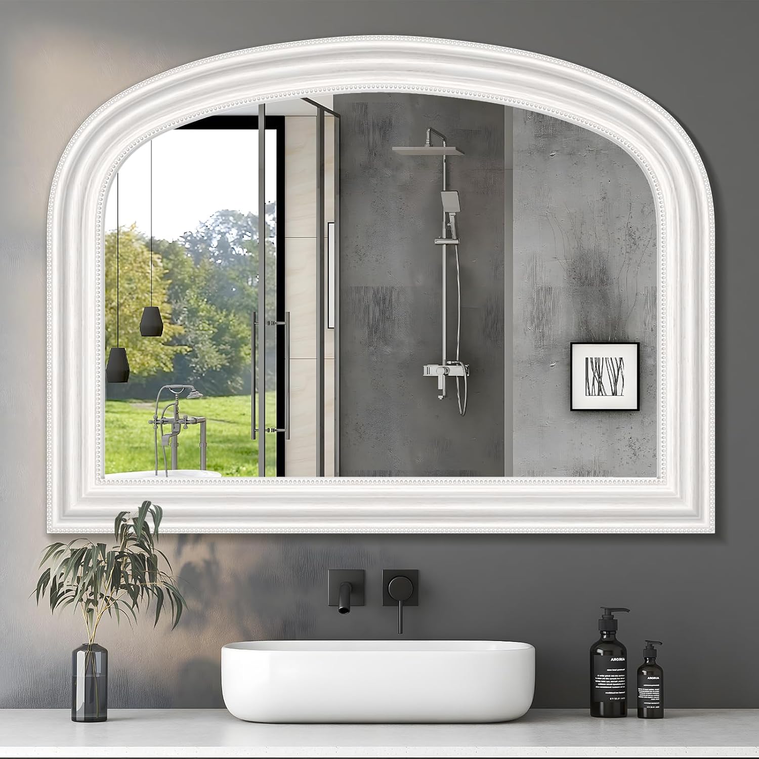 White Arched Bathroom Mirror for Wall 40" x 28" Vintage Vanity Mirror with Beaded Frame for Wall Decor Farmhouse Wood Mirror for Entryway, Living Room White White 40 x 28 IN