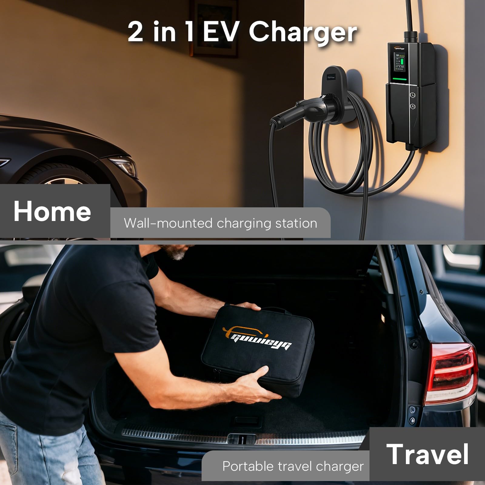 3,5 kW Typ 1 Kabel Ladowarki, ładowarka EV Schuko 5 m z Adapterem Typ 1 do Typ 2, ładowarka do Samochodu Elektrycznego z Regulowanym Prądem 8–16A z etui Transportowym