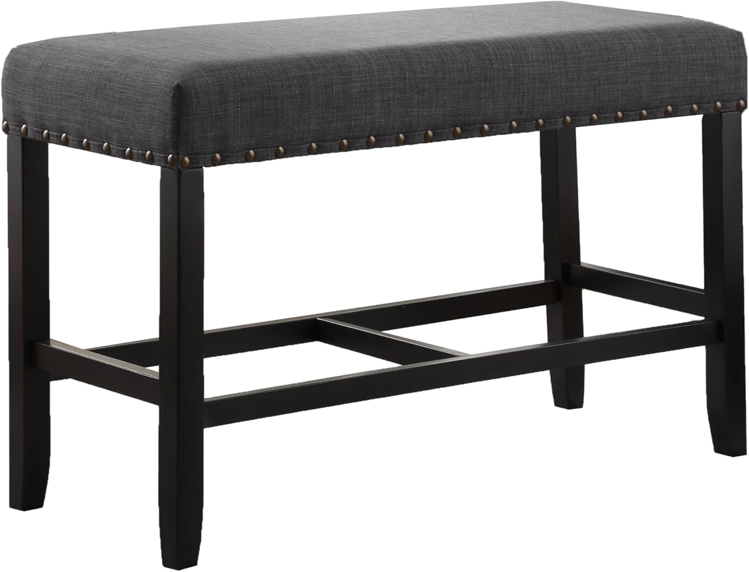 Grey Fabric Counter Height Dining Bench with Nailhead Trim, Ideal for Kitchen Islands and Dining Areas, Sturdy Construction and Easy Assembly Included