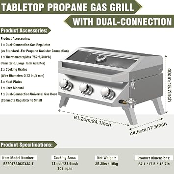 BESTFIRE Portable Propane Grill, 3-Burner Tabletop Gas Grill with 2-in-1 Connection for 1lb/20lb Tanks, 30,000 BTU Stainless Steel BBQ with Observation Window & Thermometer for Outdoor, Tailgating
