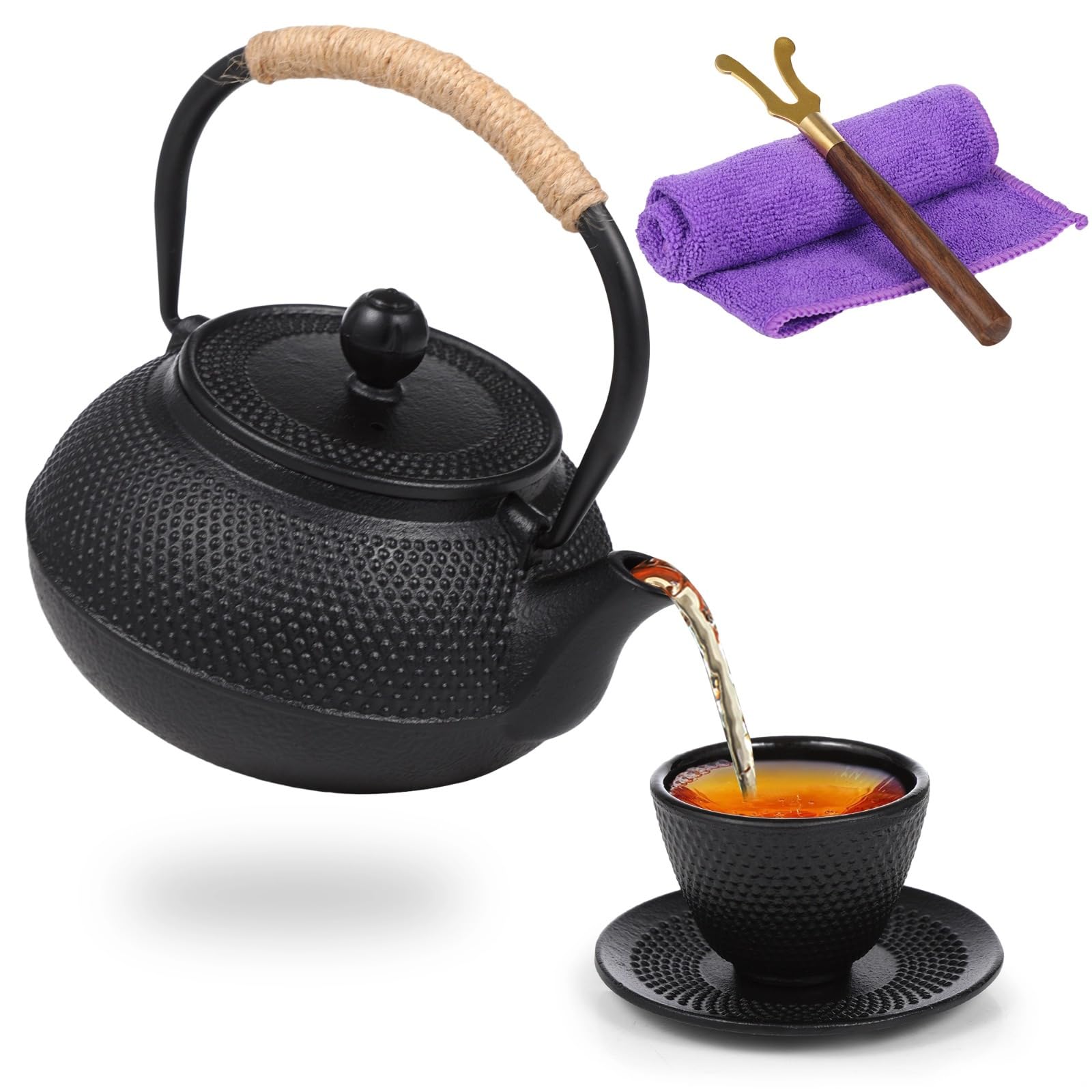 Japoński żeliwny zestaw czajników do herbaty, 590 ml, z zaparzaczem, kubkiem, spodkiem, podnośnikiem i szmatką, idealny do herbaty liściastej