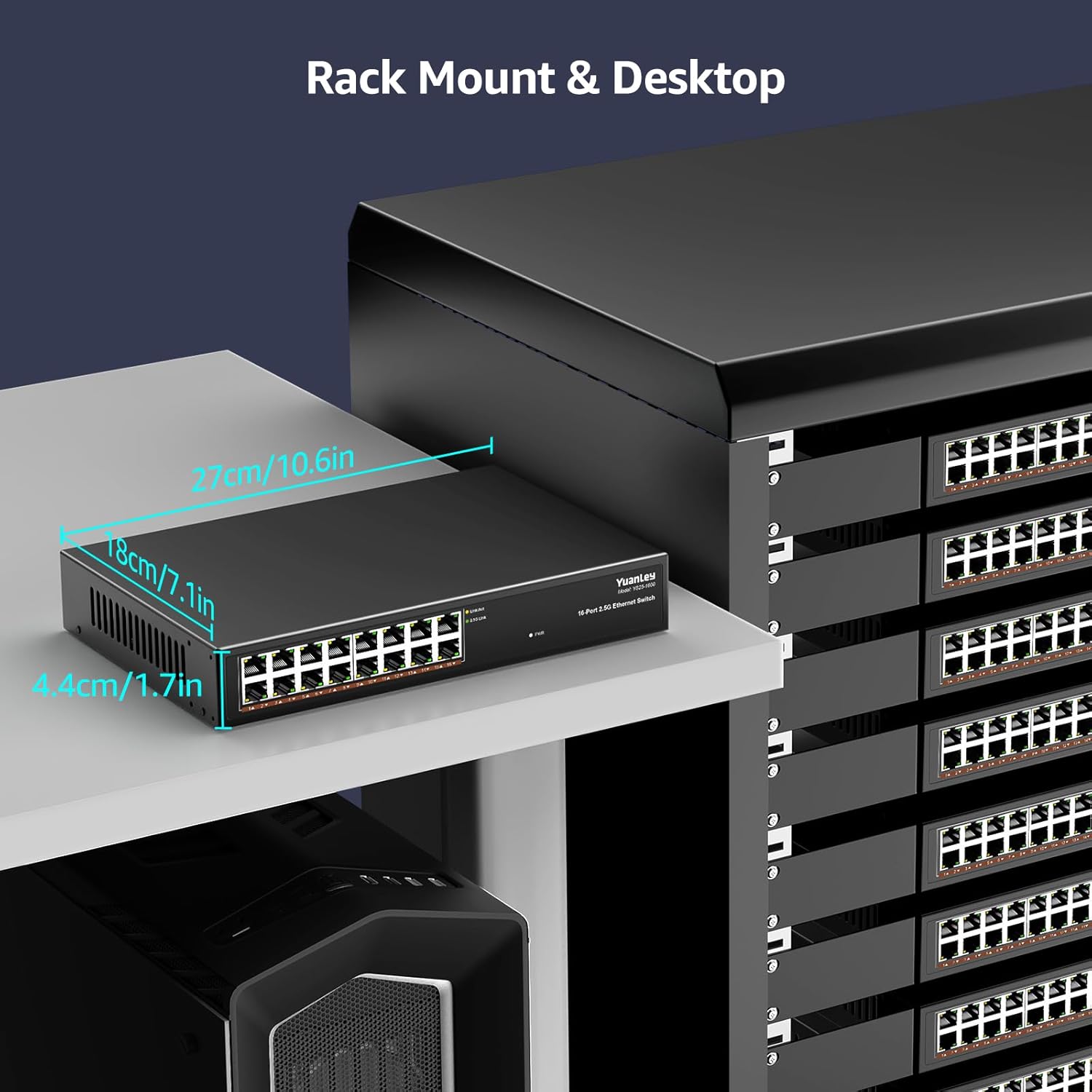 YuanLey 16 Port 2.5GB Unmanaged Ethernet Switch, 16 x 2.5G Base-T Ports, Compatible with 100/1000/2500Mbps, Metal Fanless, Desktop/Rack Mount YuanLey 2.5 Gigabit Network Switch for Wireless AP, PC