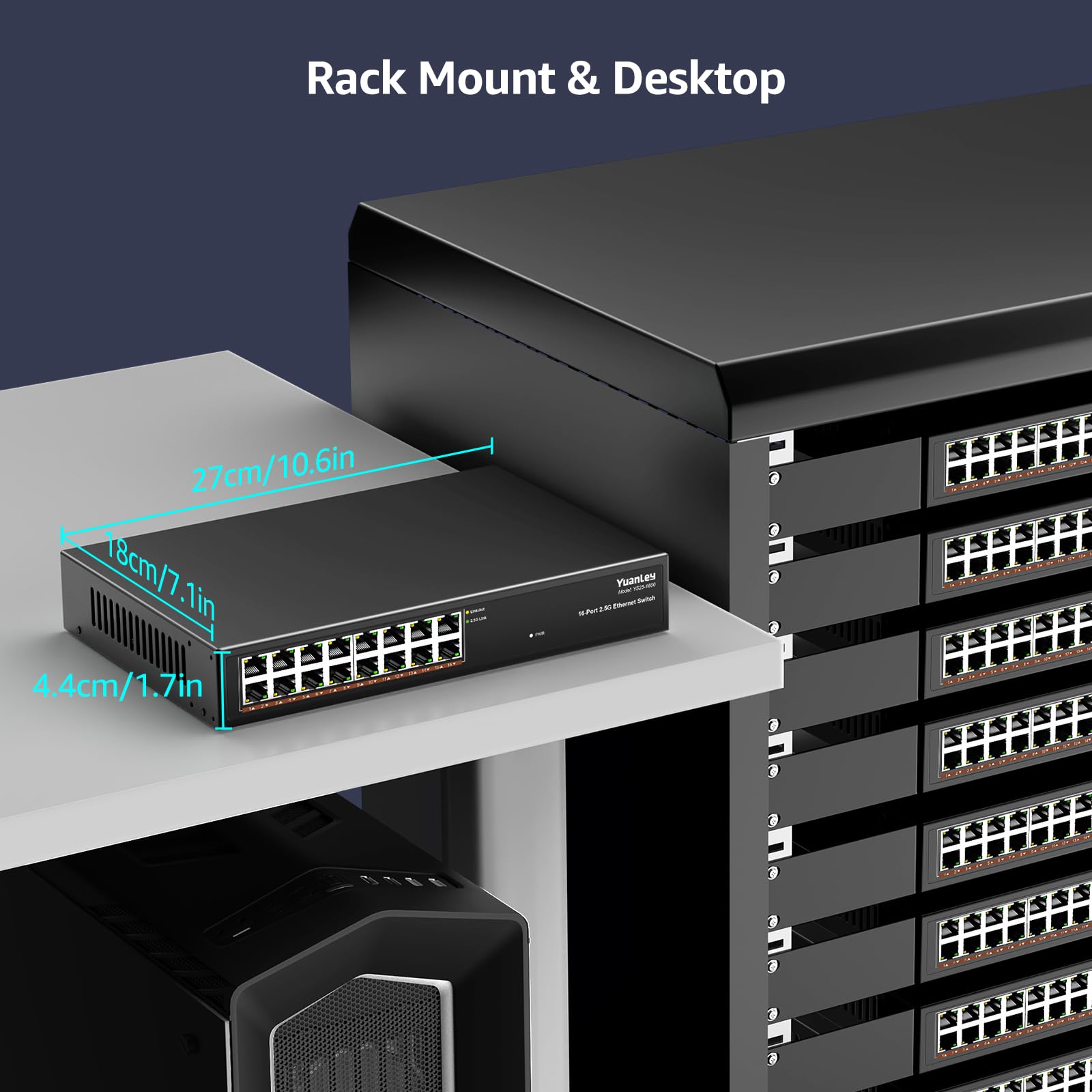 Switch Ethernet non Gestito YuanLey a 16 Porte 2,5GB, 16 Porte 2,5G Base-T, Compatibile con 100/1000/2500Mbps, Struttura in Metallo, Switch di Rete 2,5 Gigabit YuanLey per AP Wireless, PC
