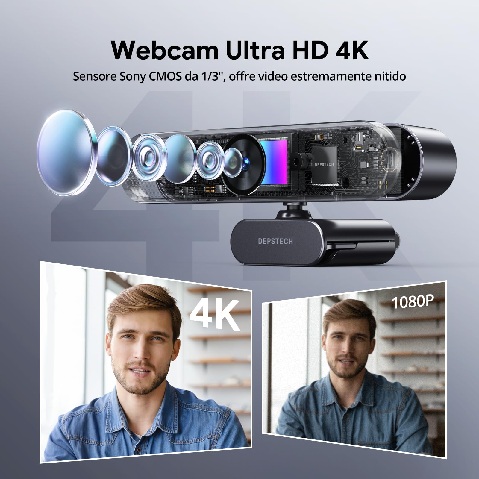 DEPSTECH DW50 Pro Webcam 4K, Zoom Ottico 3X Webcam PC con Doppio Microfono e Telecomando, Microfoni con Cancellazione del Rumore, Auto-Focus, Telecamera PC per Riunioni, Conferenze, Live