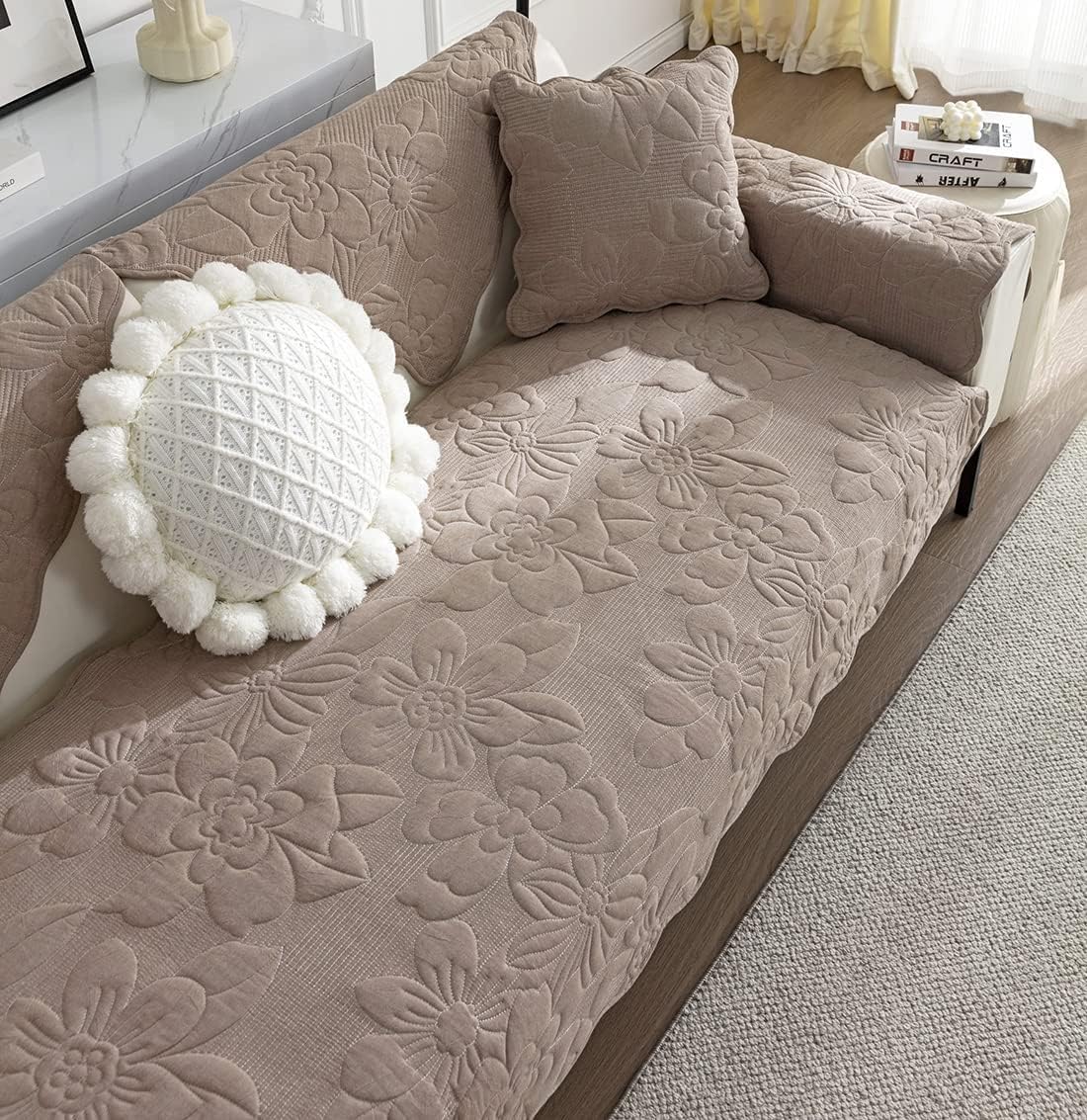 Vintage Floral Embroidery Sofa Couch Cover Soft Cotton Quilted Sectional Couch Cover Solid Non Slip Sofa Slipcover Furniture Protector For Living Room ( Color : Coffee , Size : 70*70cm/28*28in )