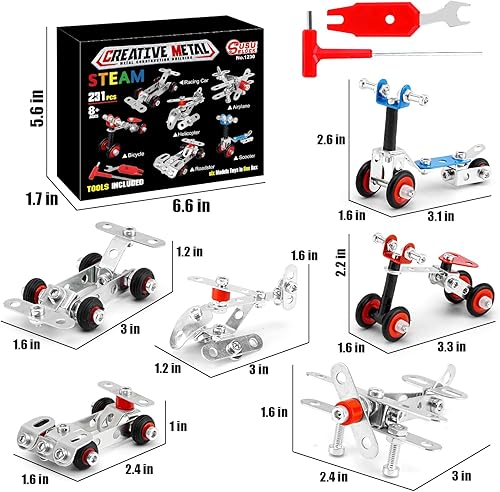Miniatura 6 de Juego de modelos de metal para autos y aviones, modelo de kit de construcción, 231 piezas, 6 modelos, juguetes de construcción de proyectos STEM de