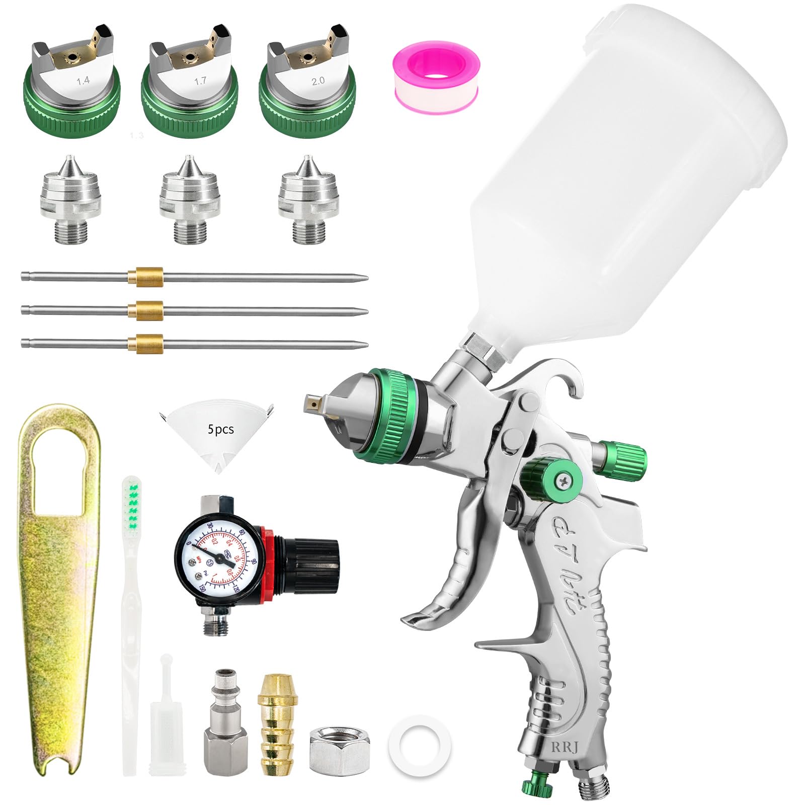 HVLP - Pistola a spruzzo per verniciatura, con 3 ugelli – 1,4/1,7/2,0 mm, pistola a spruzzo professionale per verniciatura ad aria compressa, con bicchiere di plastica da 600 ml e regolatore di
