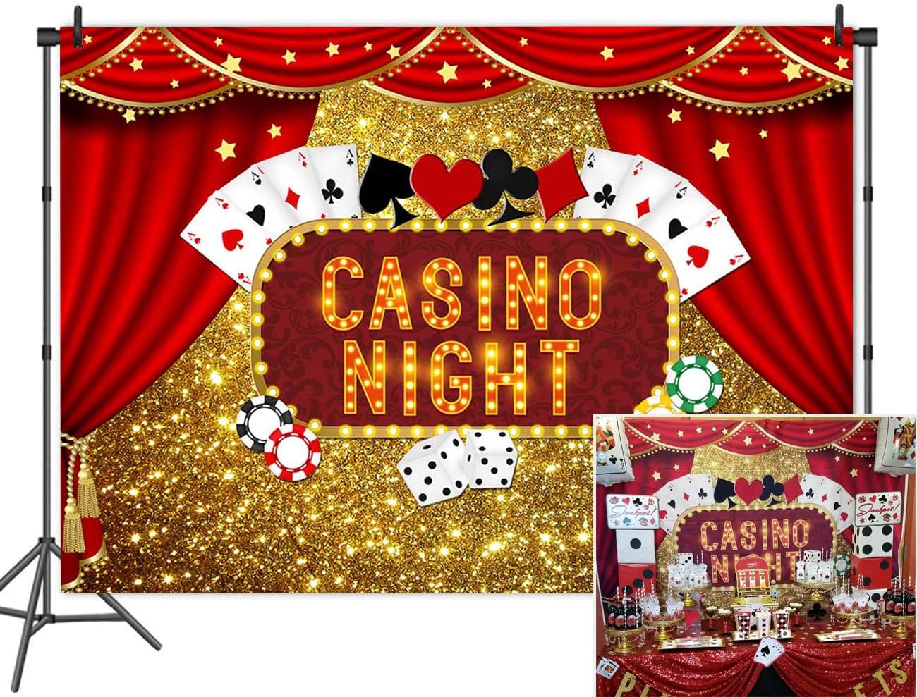 Vinyl 8X6FT Casino Night Poker Dice Red Curtains Photography Backdrop Gold Glitter Bokeh Photo Background Birthday Party Banner Decorations Banner Photo Booths Studio Props Dessert Table
