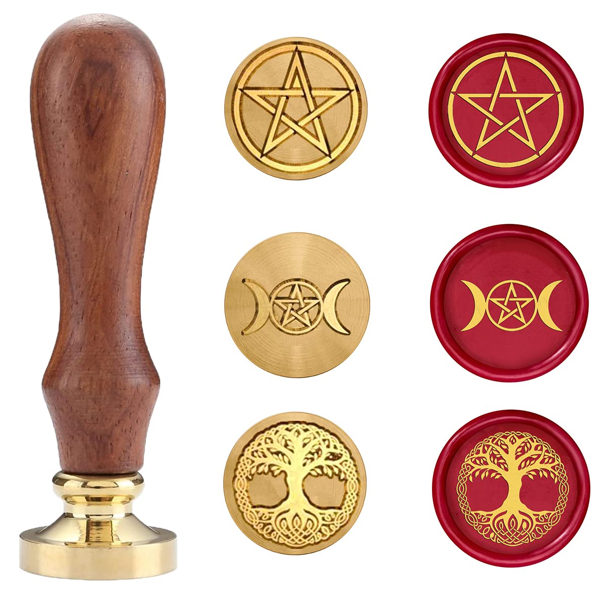 Pentagramtree Wax Seal Stamp Set, Sealing Wax Stamps Copper Seals with Wooden Hilt, Vintage Retro wiccan Seal Wax Stamp (Triple moon&Pentagram&Tree of life)