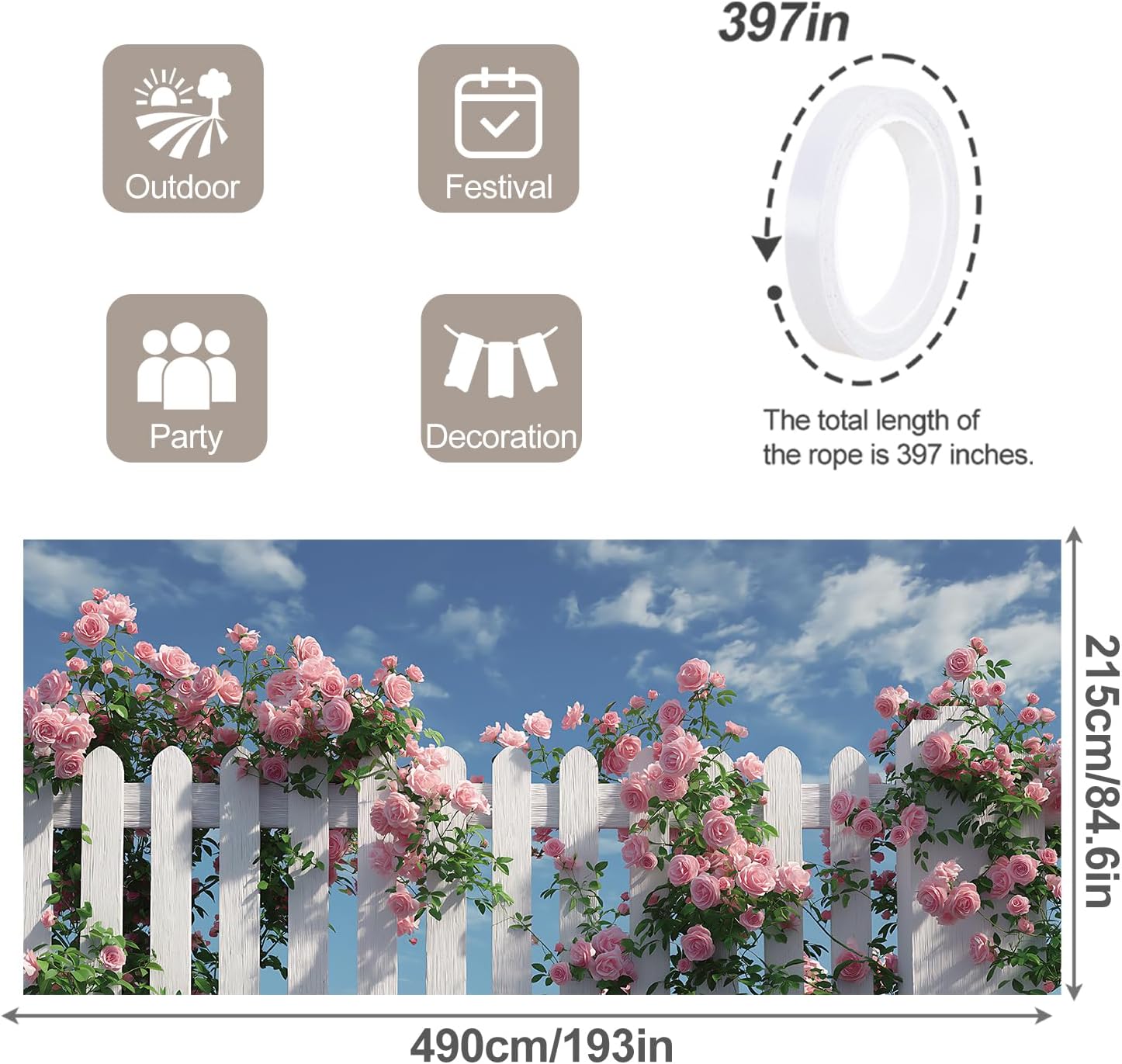 7 * 16FT Summer Garage Door Cover Decorations Sunset Palm Trees Garage Door Banner for Outdoor Indoor Summer Party Photography Backdrop (Rose garden fence, 7 * 16 ft)