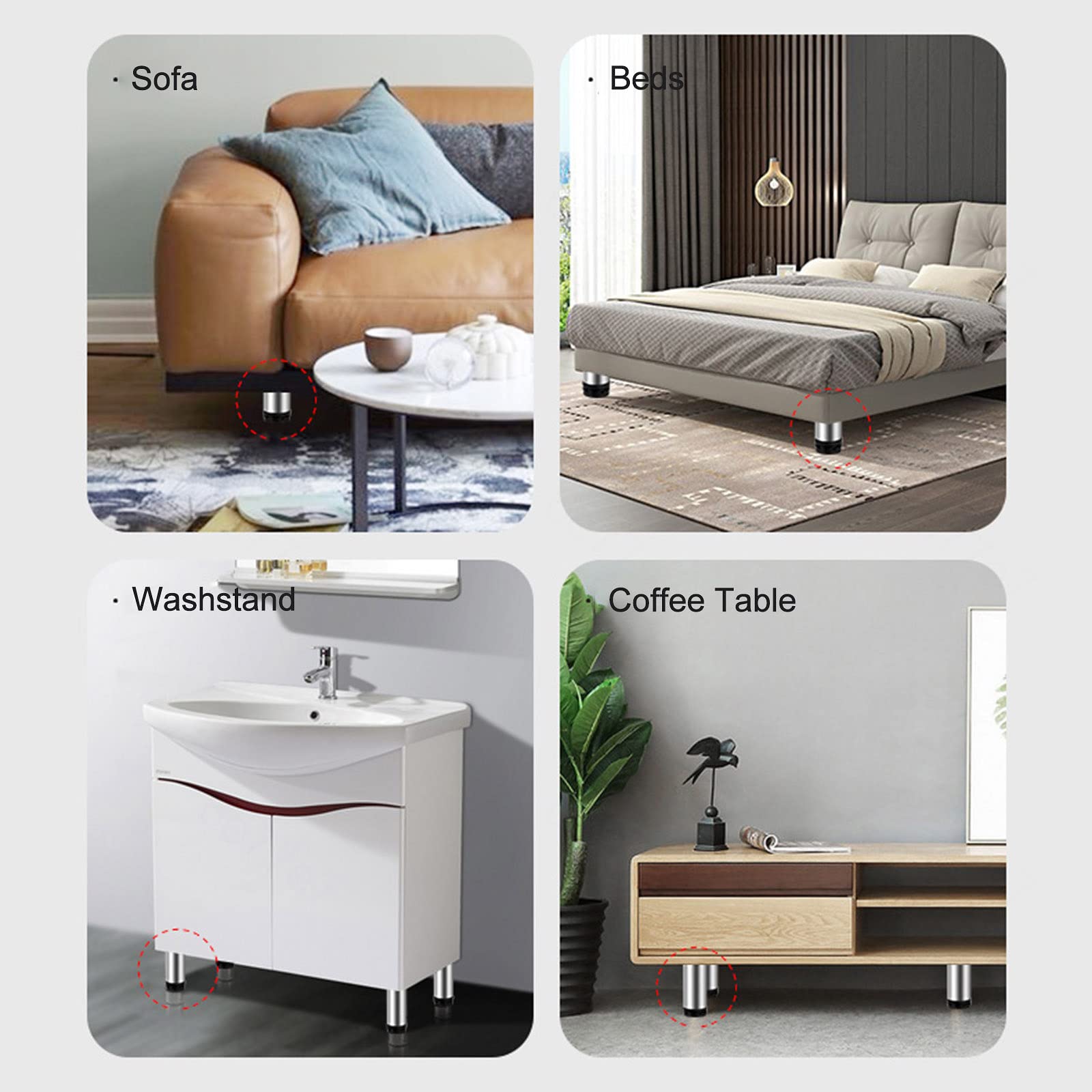 Gambe per mobili Regolabili 8cm 10cm 15cm 20cm 25cm 30cm 35cm 40cm, 4 Pezzi, Gambe per Tavolo in Metallo, Gambe di Ricambio per Divano, Scrivania, Piedini per Mobili per Cucina Bagno,StainlessSteel-5c