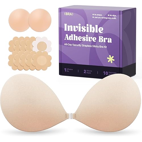 Invisible Strapless Sticky Bra Push up for Women, Ultra Adhesive Bra for Backless Dress, Cleavage Bra Lift Novelty Bras (D Cup, Light Beige)
