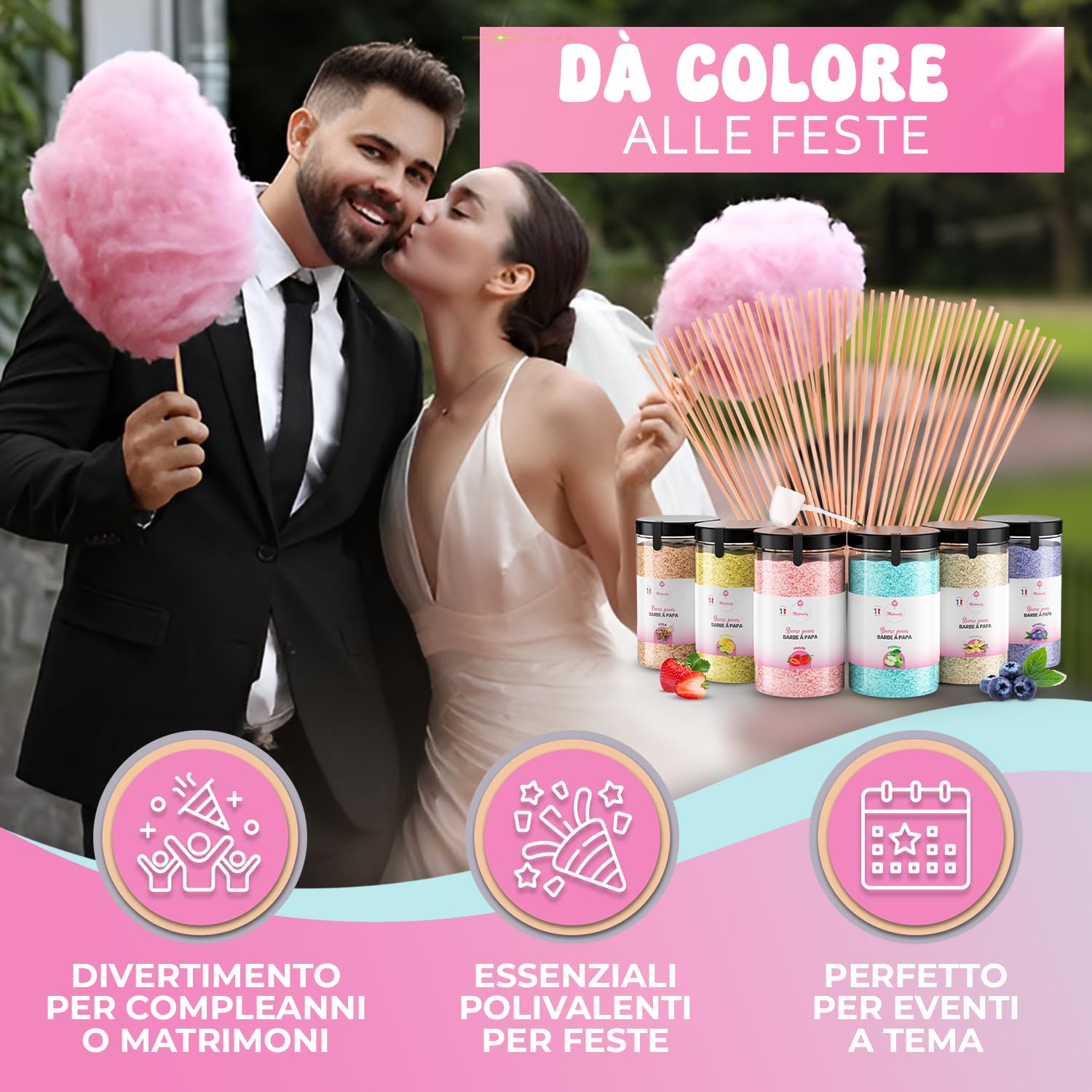 Misskandy®Kit zucchero filato con 6 gusti, 72 porzioni – Include 50 bastoncini per macchina per zucchero filato – Aromi: cola, vaniglia, fragola, mirtillo, limone e mela – Ideale per bambini e adulti