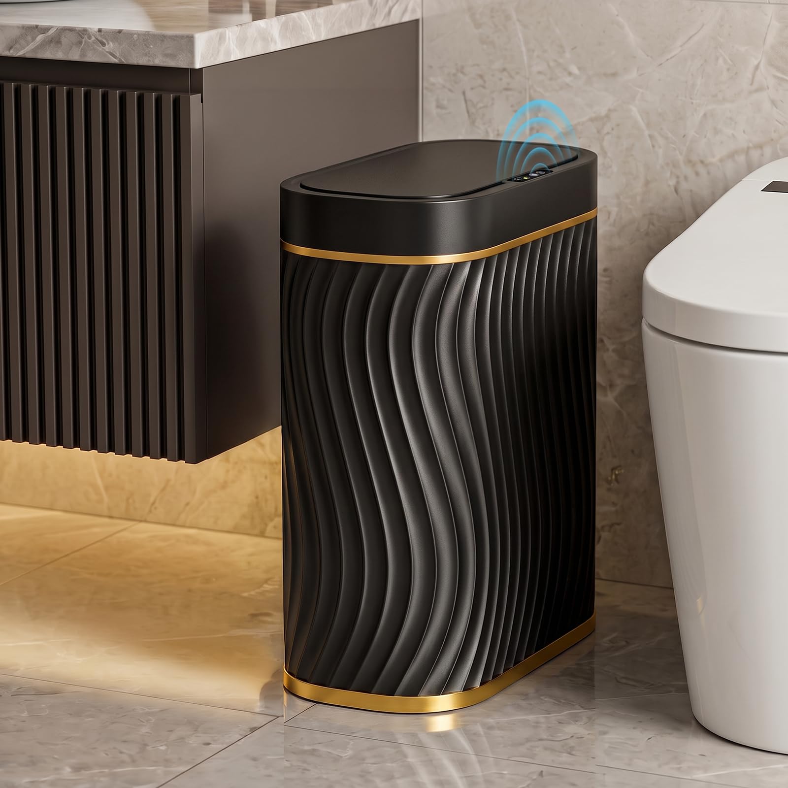 steo spce Bathroom Small Trash Can with Automatic Touchless Lid, 2.6 Gallon Smart Garbage Can Narrow Waterproof Trash Bin for Bedroom, Office, Living Room-Glod Black-image-11