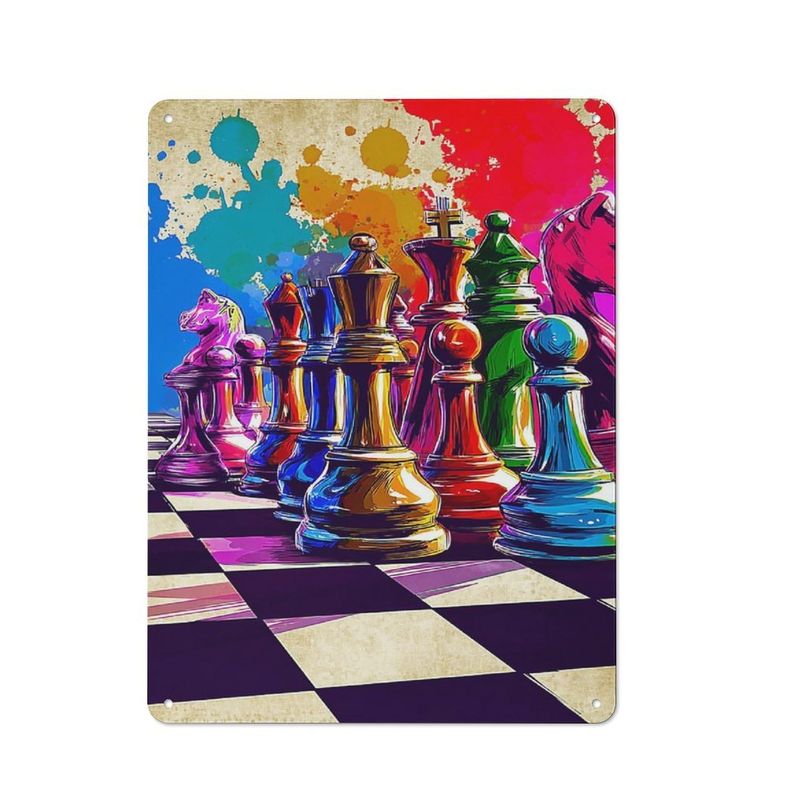 Junmoney Colorful Chess Pieces On Vibrant Background Retro Metal Sign 40X30cm, Garage Style Shed Wall Plaque For Garage, Hobby Room, Office Or Man Cave