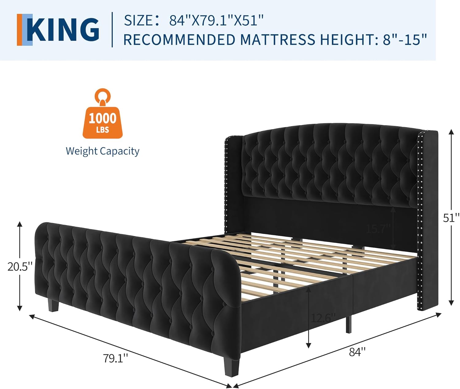 GarveeHome 51 in Tall King Size Bed Frame with Deep Button Tufted Wingback Headboard and Footboard, Velvet Upholstered Platform Bed Frame, No Box Spring Needed, Easy Assemble, Black