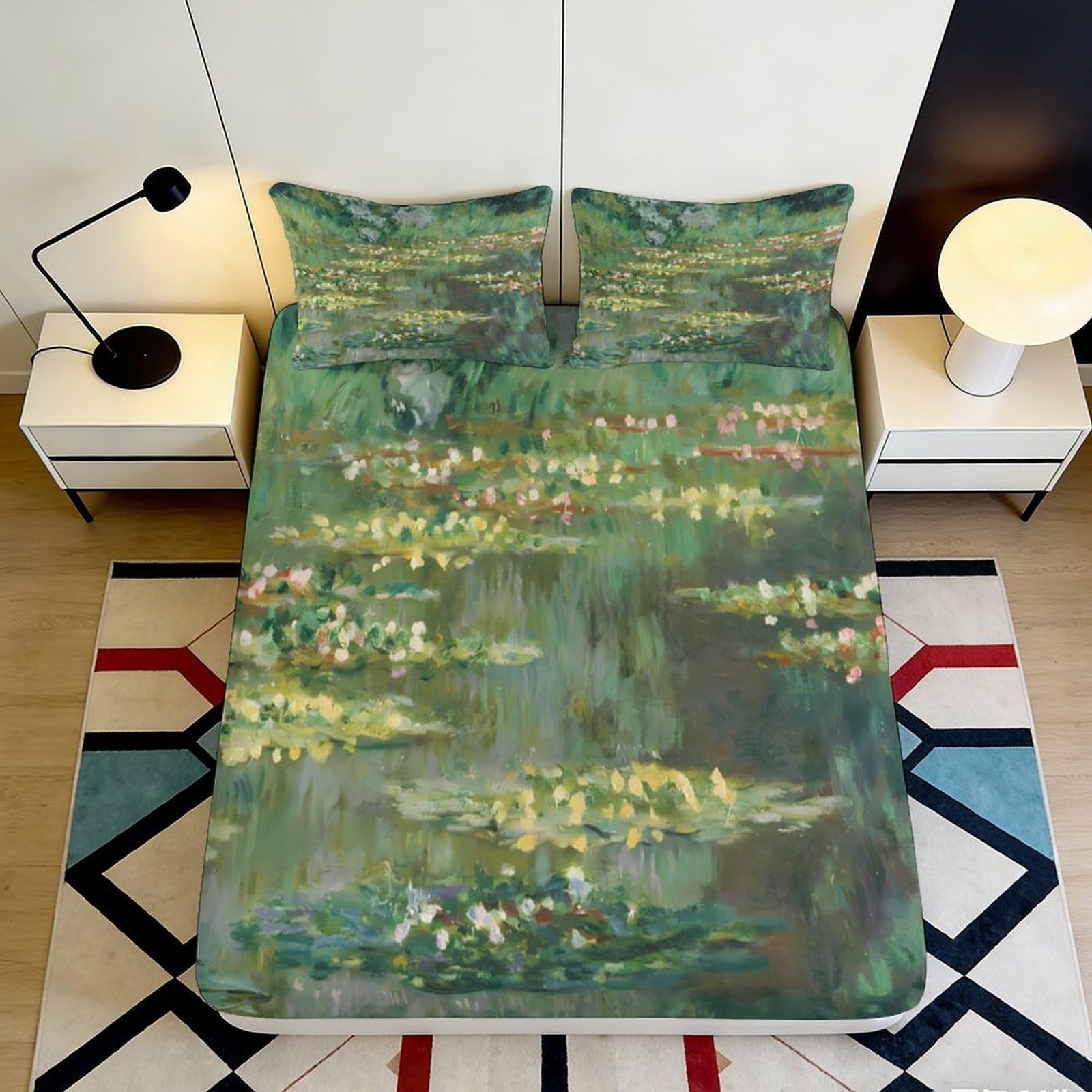 Pnayamiorkfel Style-6 3D Printed Water Lily Pond Fitted Sheet Microfiber Soft Green Impressionism Bed Cover For Bedroom Decor 90X200x25cm