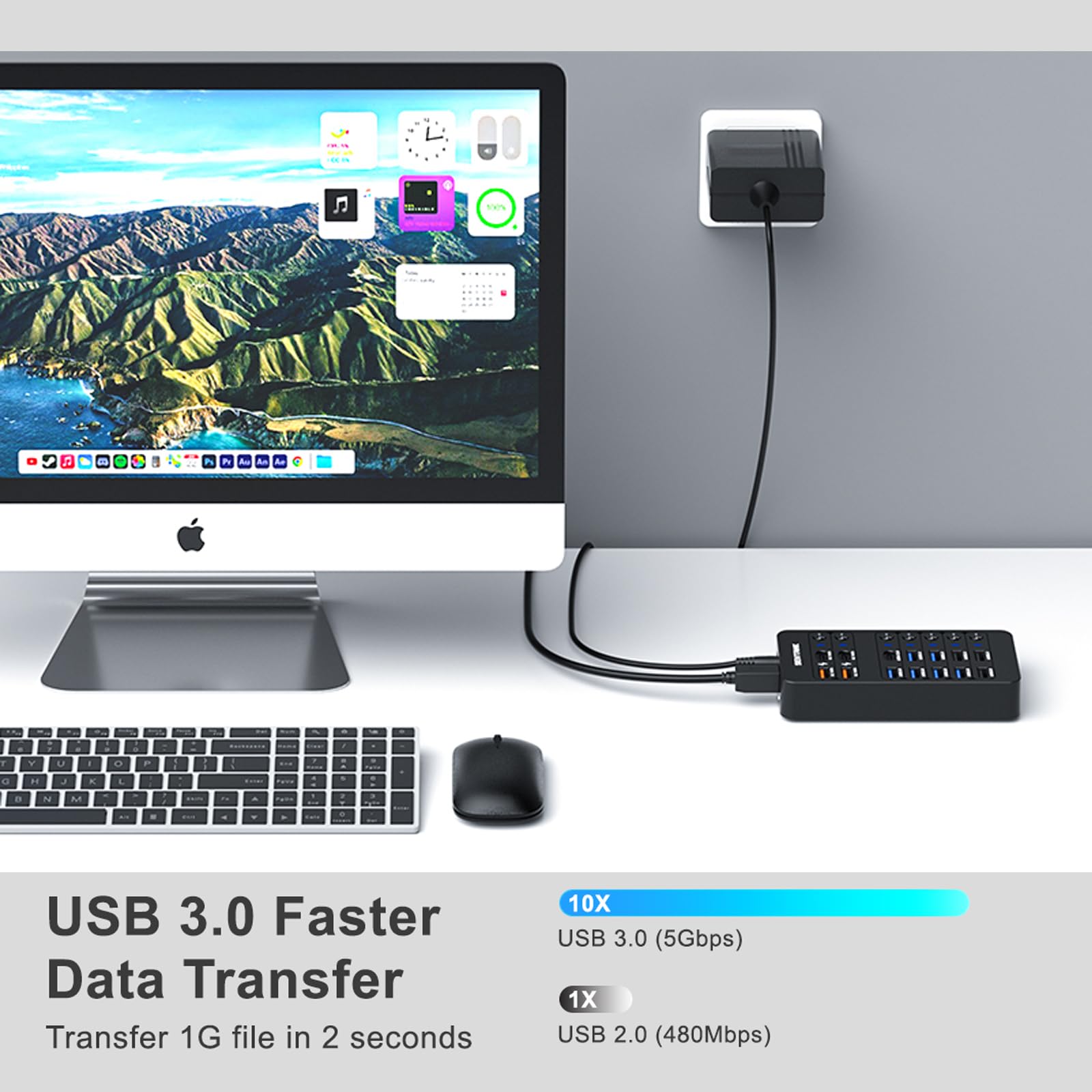Concentrador USB 3.0 de 14 puertos (6 puertos USB 3.0 de datos + 4 puertos de carga rápida) con interruptor de encendido/apagado LED independiente, con adaptador de corriente de 60 W para