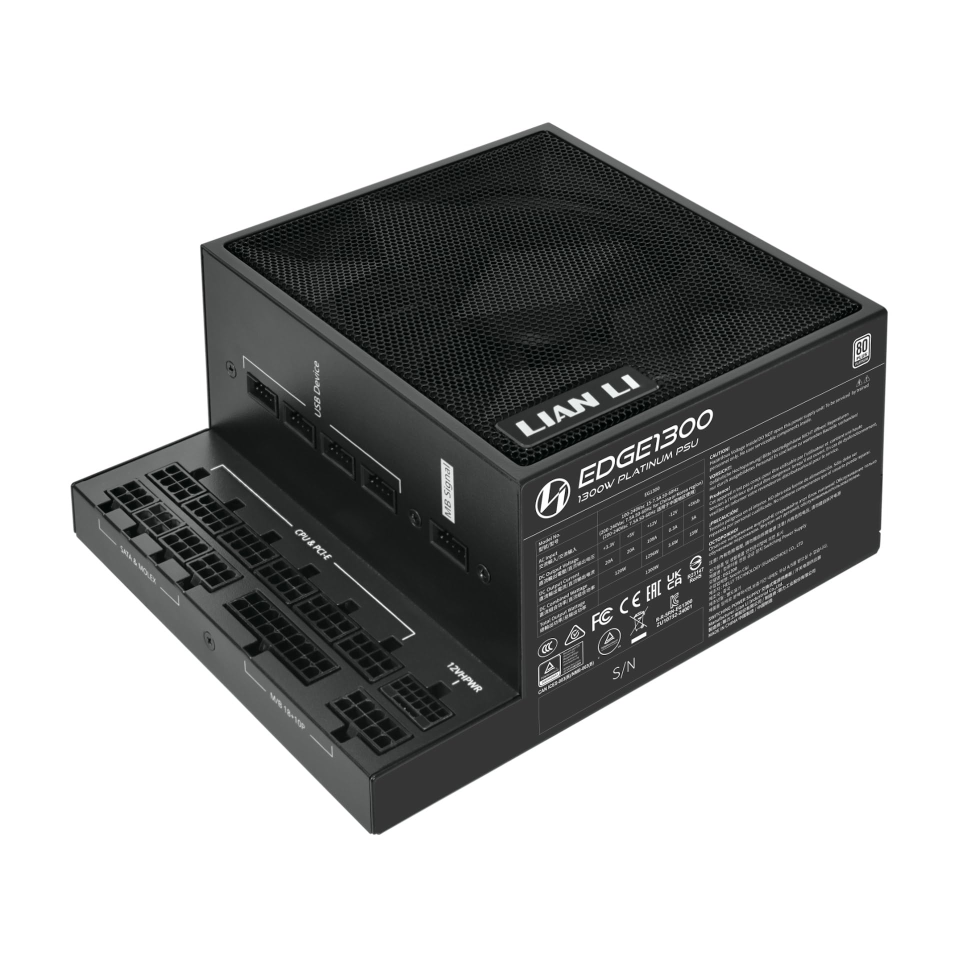 LIAN LI EDGE 1300W Fully Modular Low-Noise Power Supply Unit - ATX 3.1 & PCIe 5.1 Compliant - L-Shaped Design - 80-PLUS Platinum Efficiency PSU for Gaming PC - Built-in USB Expansion Hub - Black