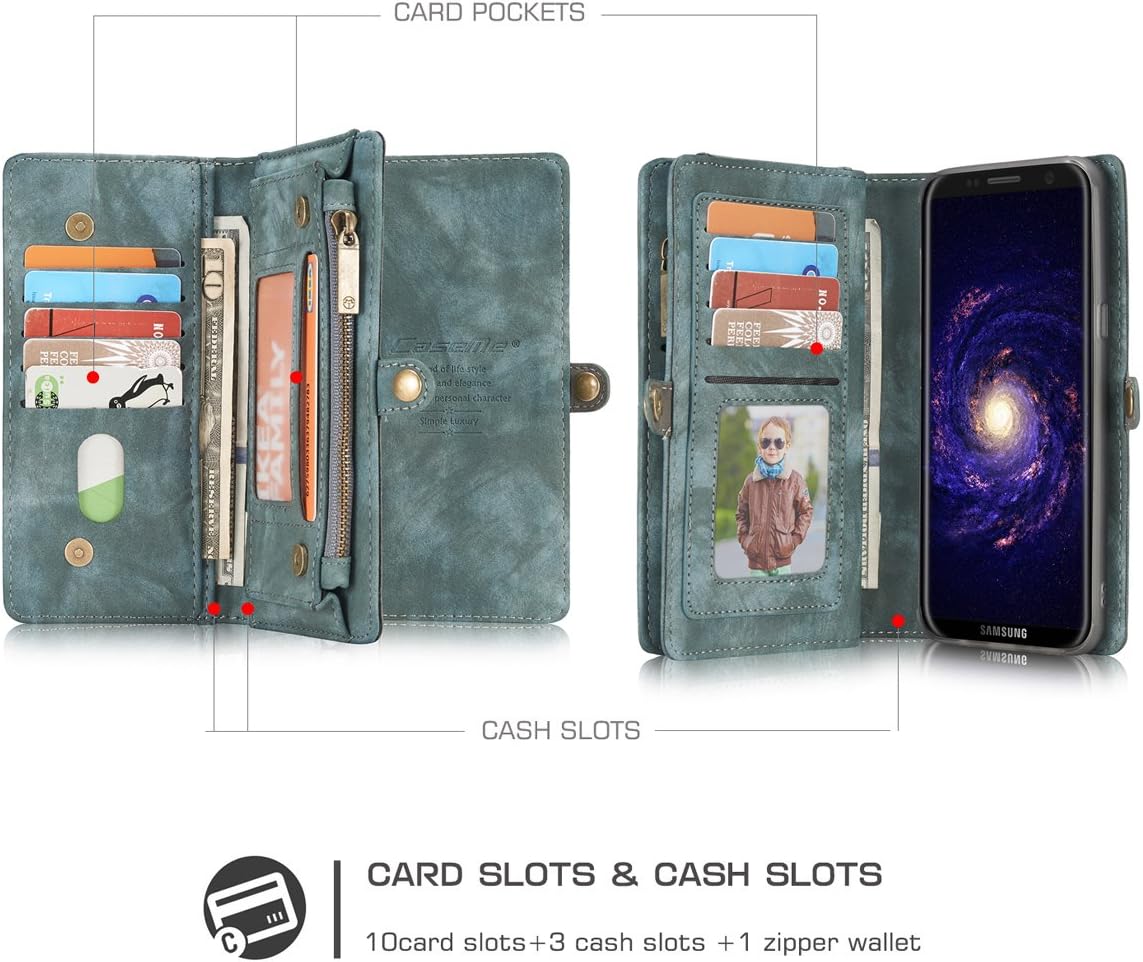 Galaxy S7 Case,AKHVRS Magnetic Premium Genuine Cowhide Leather Wallet Case Cover with Detachable Magnetic Hard Case and Built-in 13 Slots [Zipper Cash Storage] for Samsung Galaxy S7 (Blue)