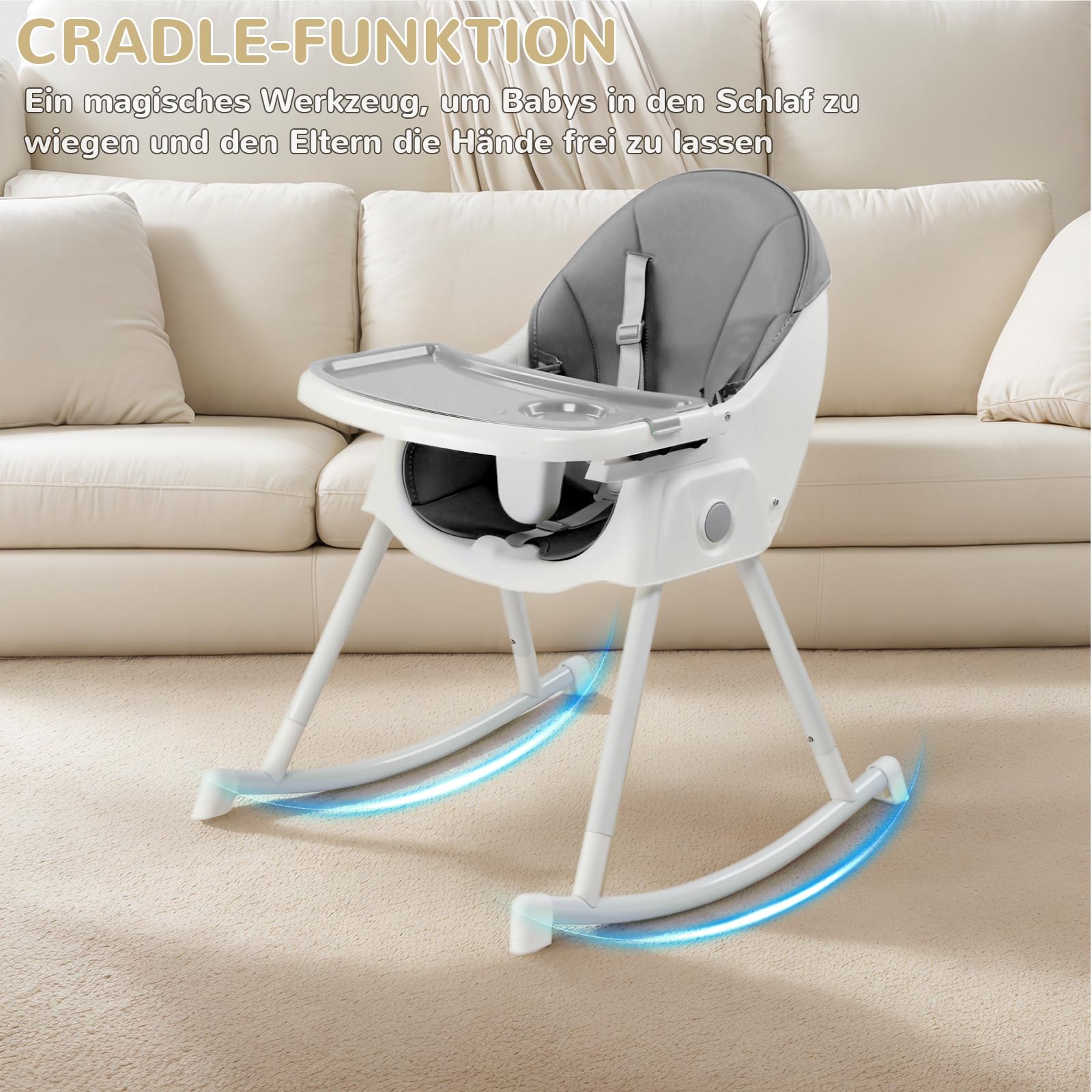 LEADZM Trona 3 en 1 para bebé, se convierte en mecedora, bandeja doble extraíble, trona plegable para bebé con ruedas giratorias y cesta de almacenamiento, para bebés de 6 a 36 meses (gris)