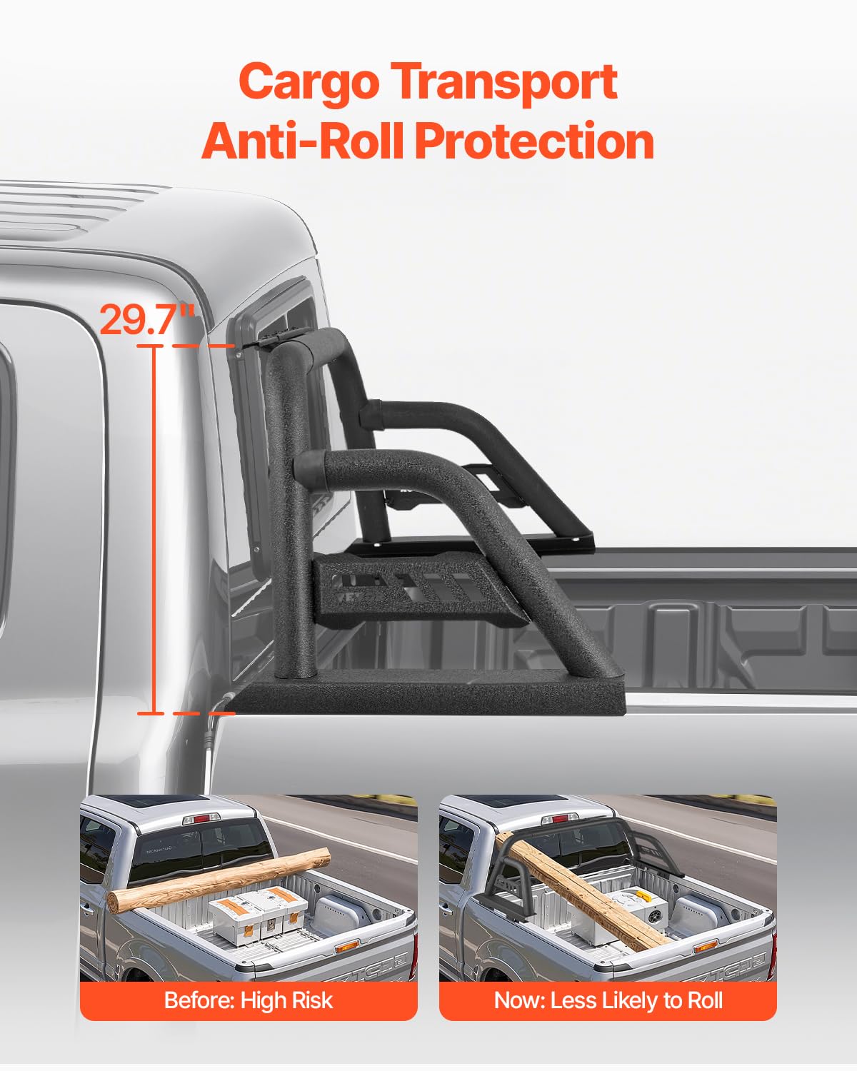 VEVOR Arceau de Sécurité Arrière pour Pick-up, Barre de Benne Réglable Universel, Compatible avec Pickup Pleine Grandeur, en Acier au Carbone, avec Support d'Extension pour Éclairage, Rack Non Inclus