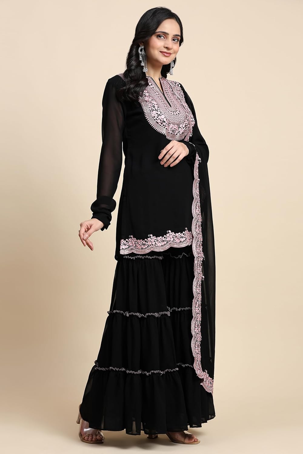 TRENDMALLS Women's Georgette Embroidery Sequence work Kurta Sharara Set with Dupatta Kurta Set for Women