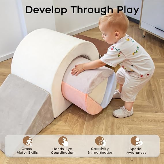 BanaSuper Kids Soft Play Set, Foam Climbing Blocks, Beige Blue Pink | EN71 Certified, Soft Play Blocks, Toddler Indoor Soft Playground, Sensory Motor Skills, Montessori Activity Toys, Ideal Gifts