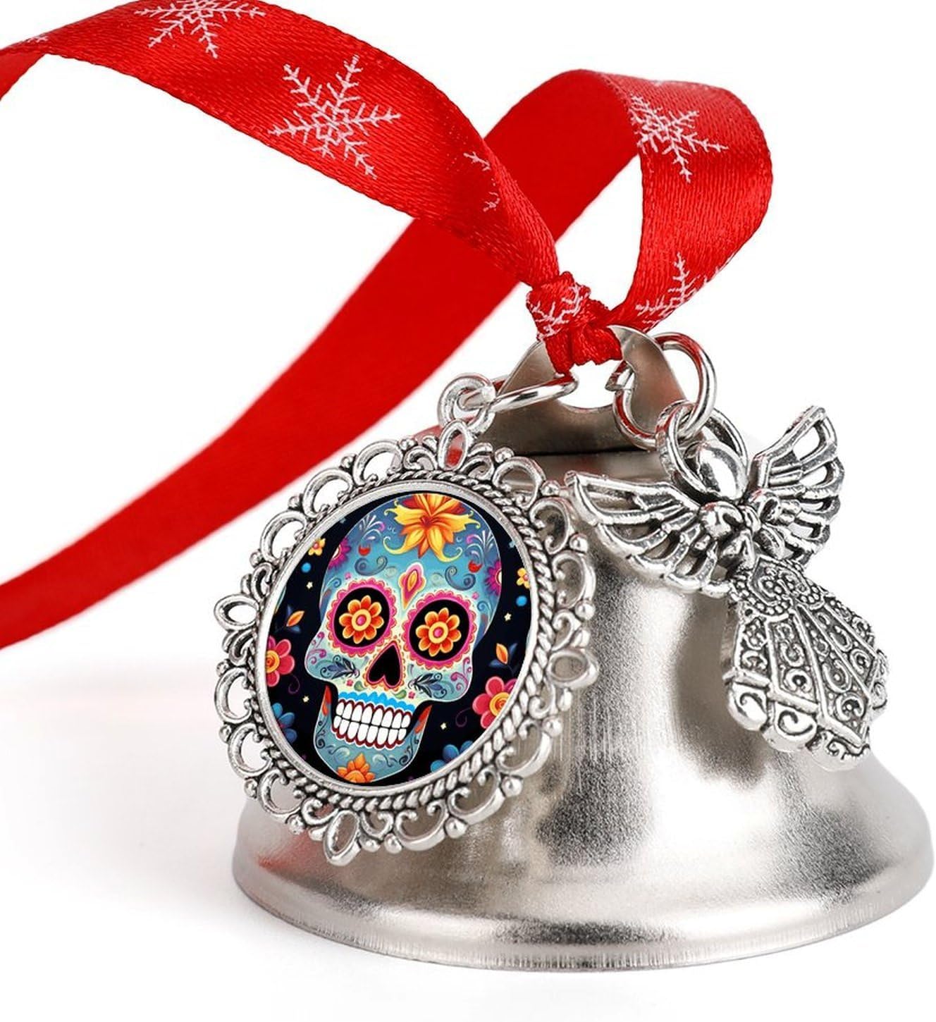 Sugar Skulls Christmas Bells Ornaments with Wings & Heart Silver Bell Pendant for Christmas Tree Home Door Mantle Fireplace Decoration