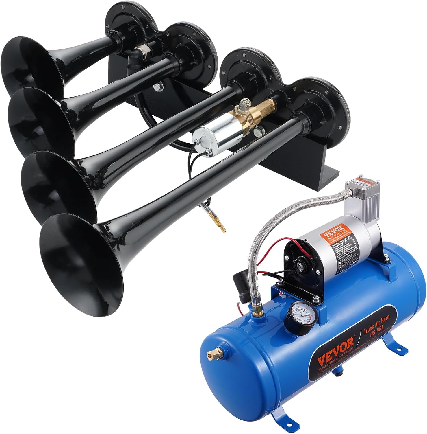 VEVOR 4 Trumpet Air Horn Kit, 150dB Train Horns for Pickup Trucks, 12V 120 psi Air Compressor 1.6 Gal/6 L Tank with Gauge for Any 12V Vehicle Car Truck Train Van Boat - Image 9