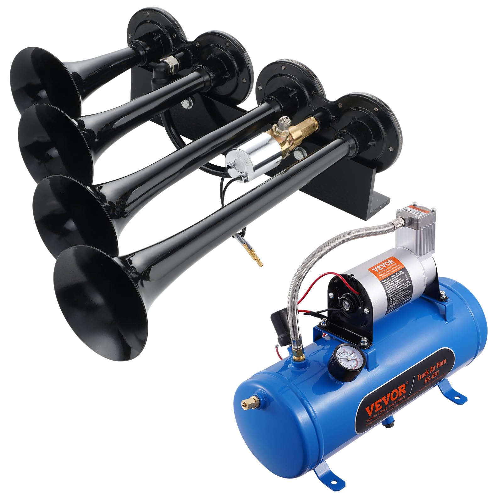 VEVOR Kit de Klaxon 4 Trompettes 150 dB Klaxon de Voiture avec Compresseur d'Air 90-120 psi Réservoir d'Air 6 L Avertisseur Sonore Pneumatique Universel pour Tout Véhicules 12 V Trains Bateaux Auto