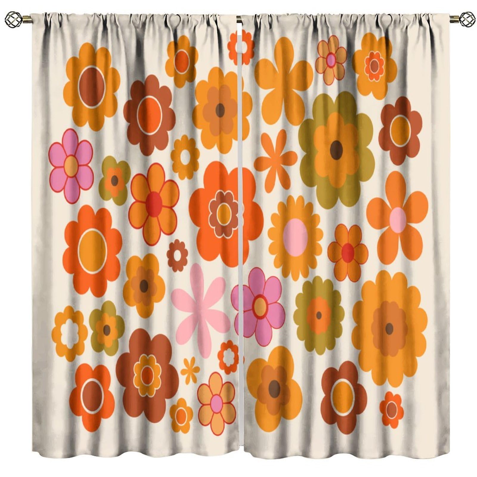 70s Blackout Window Curtain, Vintage Retro Orange Daisy Floral Hippie Groovy Cute Flower Aesthetic Boho Funky Trippy for Home Kitchen Livingroom Coffee Room Window Drapes 2Panel 55"W X 63"L
