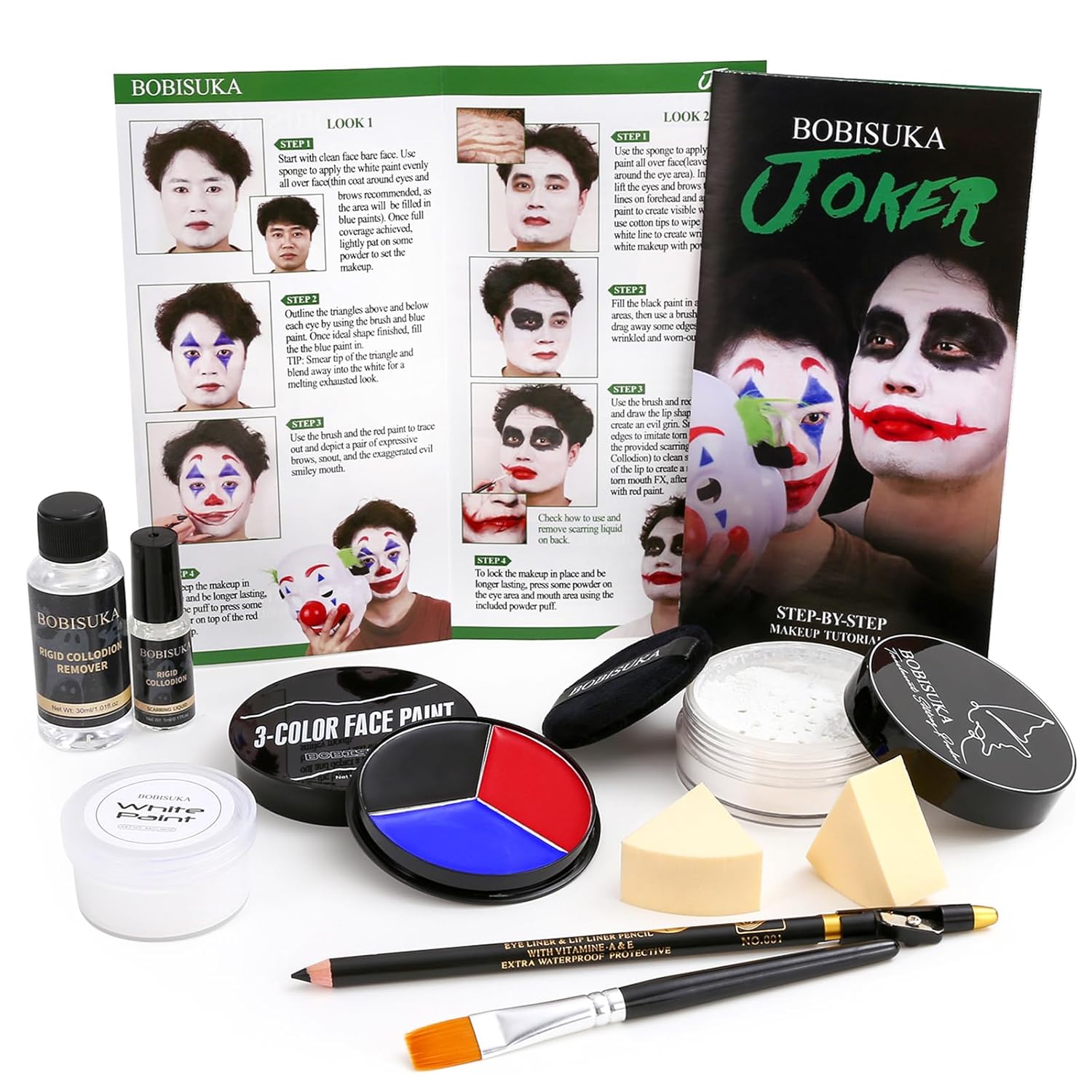 Halloween Joker/Clown Makeup, Complete Joker/Clown Makeup Kit Face Paint SFX Character Set, Professional Joker Make Up Kits for Art Costume, Dress-Up Party, Cosplay, Stage & Film Joker/Clown SFX Makeup Kit