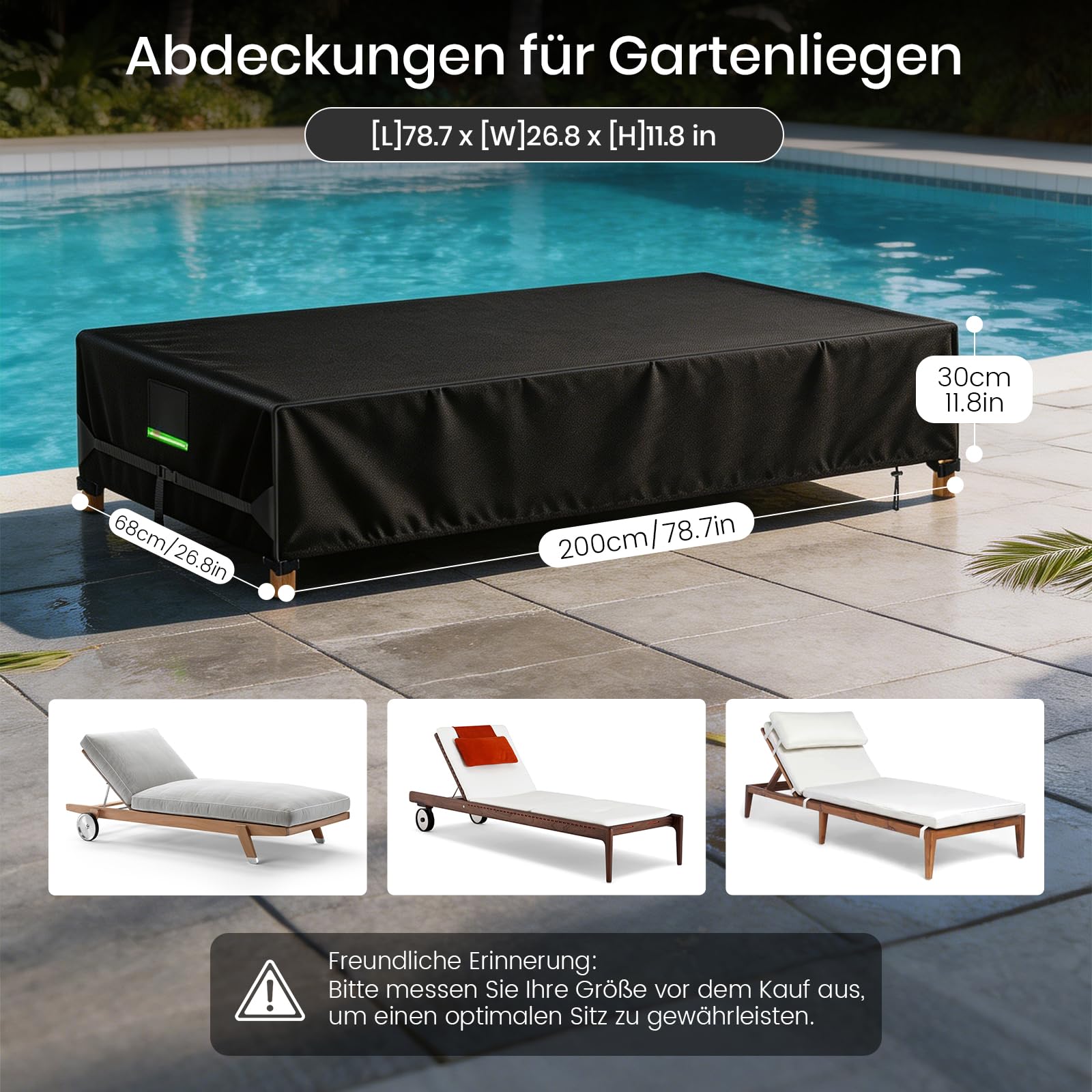 Gartenliege Abdeckung, 200x68x30cm, 2Stk 600D Wasserdicht Schutzhülle Sonnenliege mit 4 Fußschnalle, 2 Lüftungsöffnung, Kordelzug, 2 Reflektoren, 2 Seitlicher Riemen, Abdeckhauben für Liegen