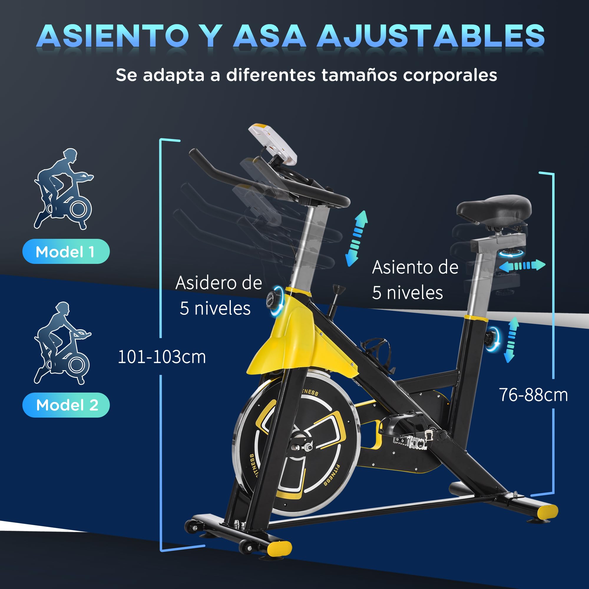 HOMCOM Bicicleta Estática con Resistencia Regulable Amarillo y Negro | Bicicleta de Fitness, Bici Estática, Pantalla LCD, Manillar, Ruedas, Asiento Ajustable, Soporte de Tableta para Gimnasio Casa