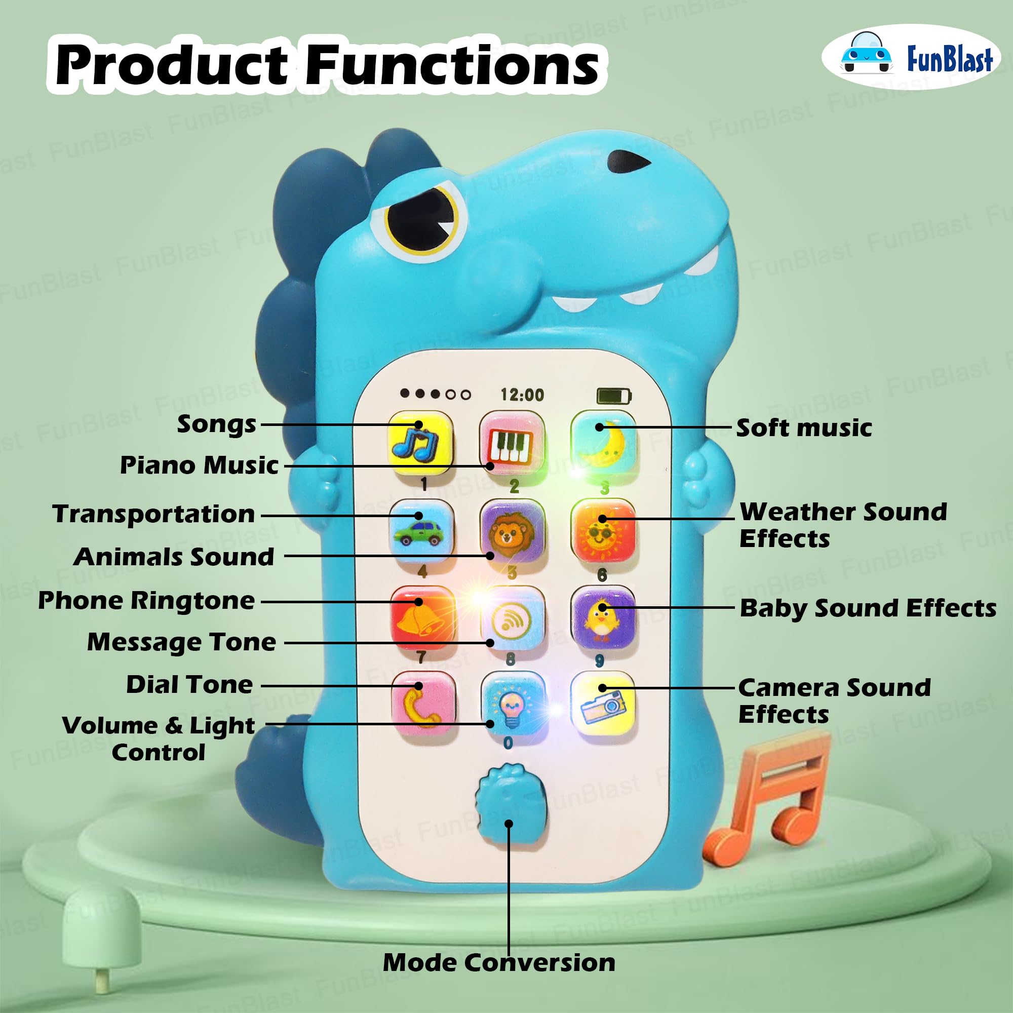 FunBlast Cartoon Musical Mobile Phone for Kids, Mobile with Light & Sound Toys for Babies | Educational Toys for Kids 3+ Years/Boys/Girls-1 Unit (Dino-Blue) 1