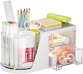 Marbrasse Schreibtisch Organizer mit 2 Schubladen,360 Grad Drehbarer Stifthalter,Schreibtisch-Organizer mit 5 Fächern,Aufbewahrungsbox für Heim Büro(Weiß)