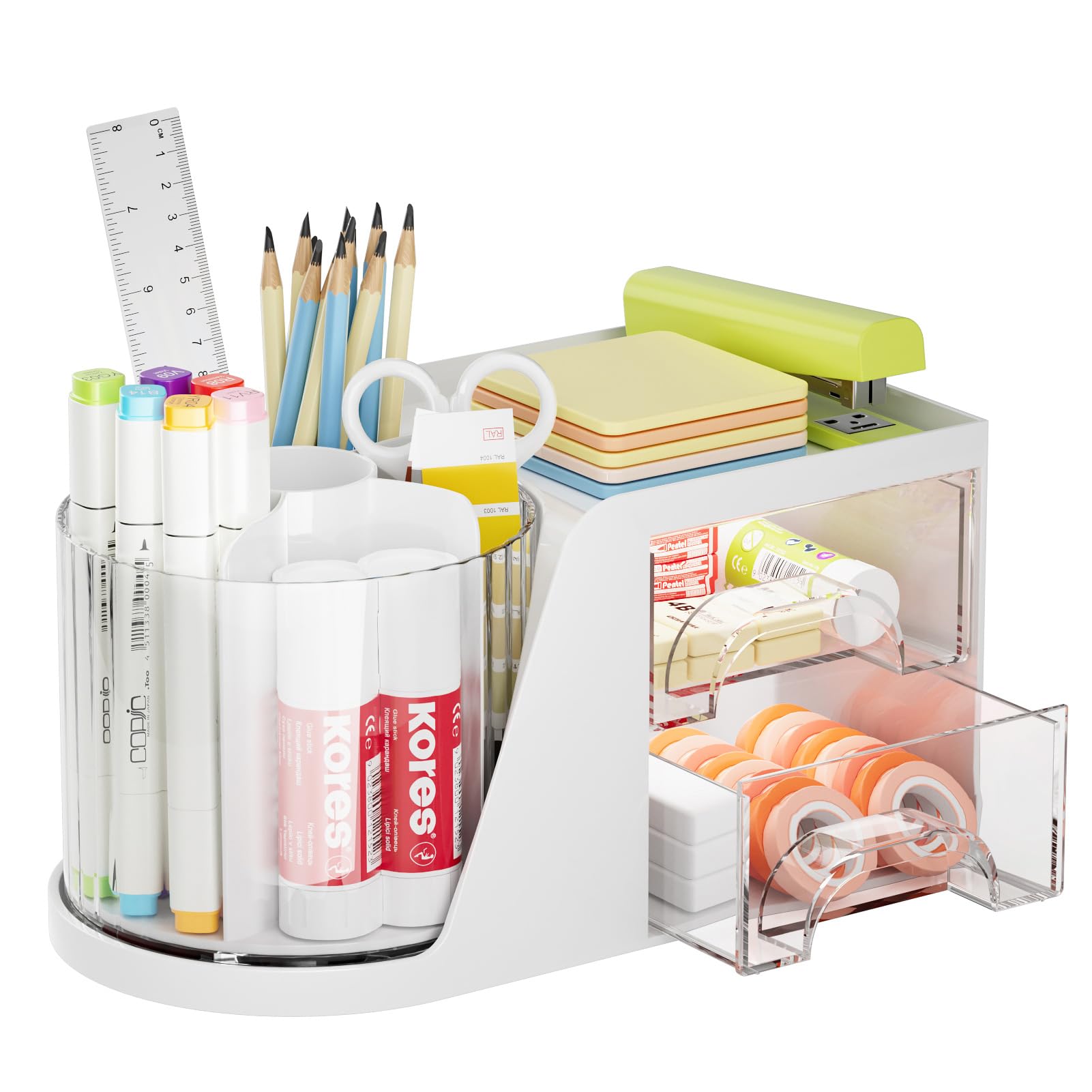 Marbrasse Schreibtisch Organizer mit 2 Schubladen,360 Grad Drehbarer Stifthalter,Schreibtisch-Organizer mit 5 Fächern,Aufbewahrungsbox für Heim Büro(Weiß)
